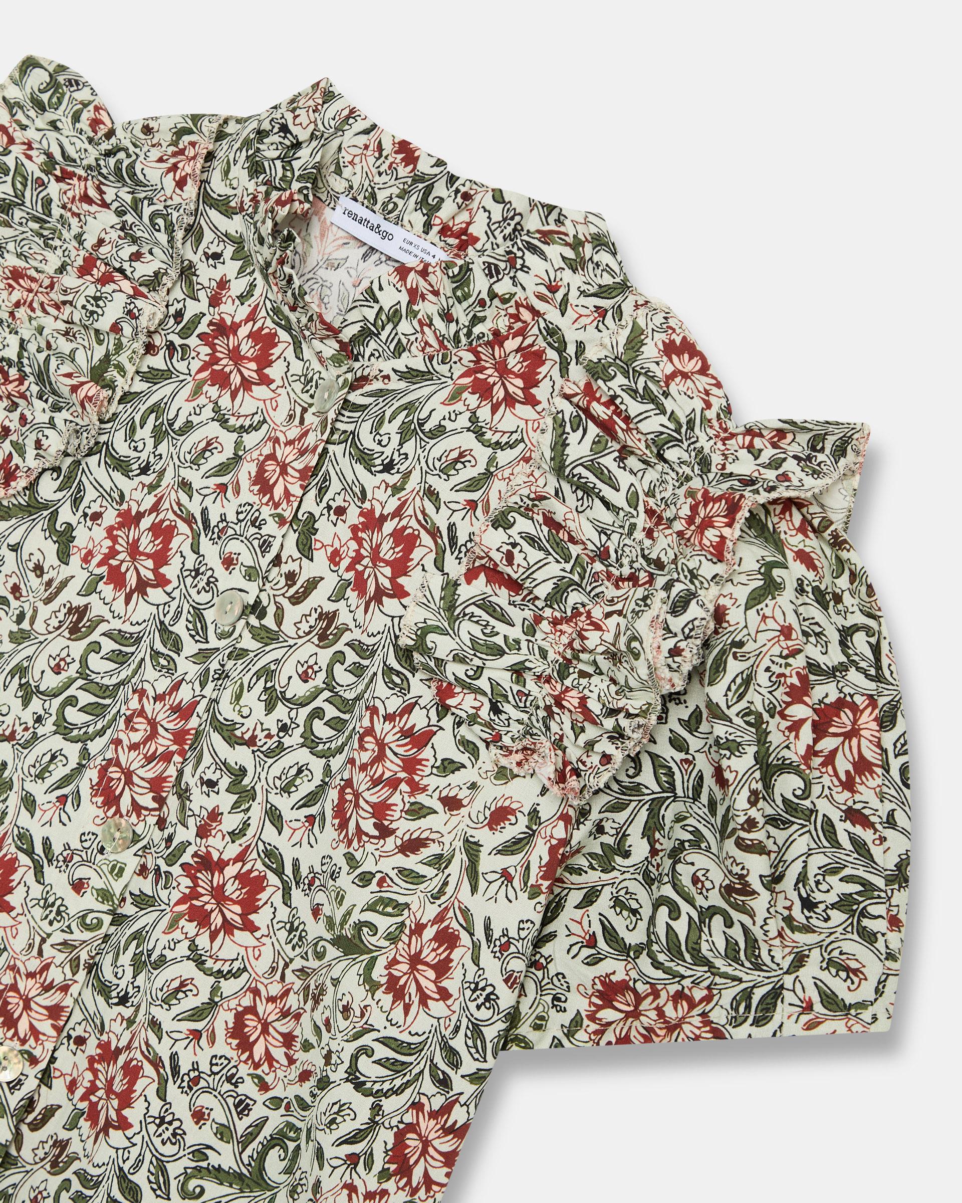 Blusa Manga Abullonada Volante Estampada Multicolor
