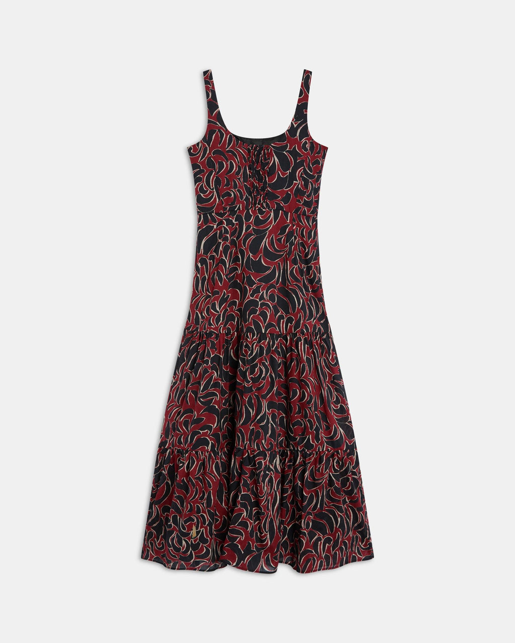 Vestido Tirantes Cortes Estampado Granate