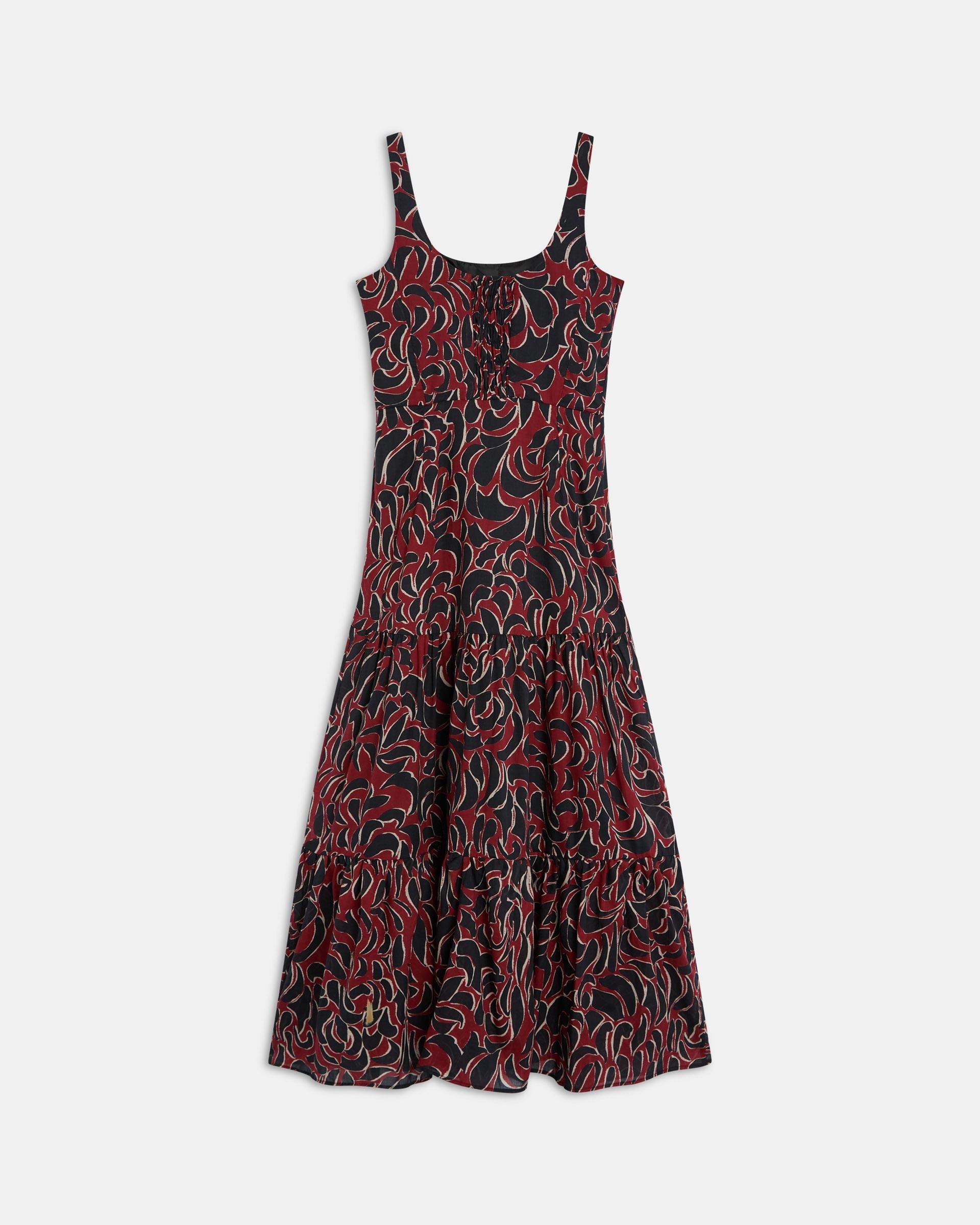 Vestido Tirantes Cortes Estampado Granate