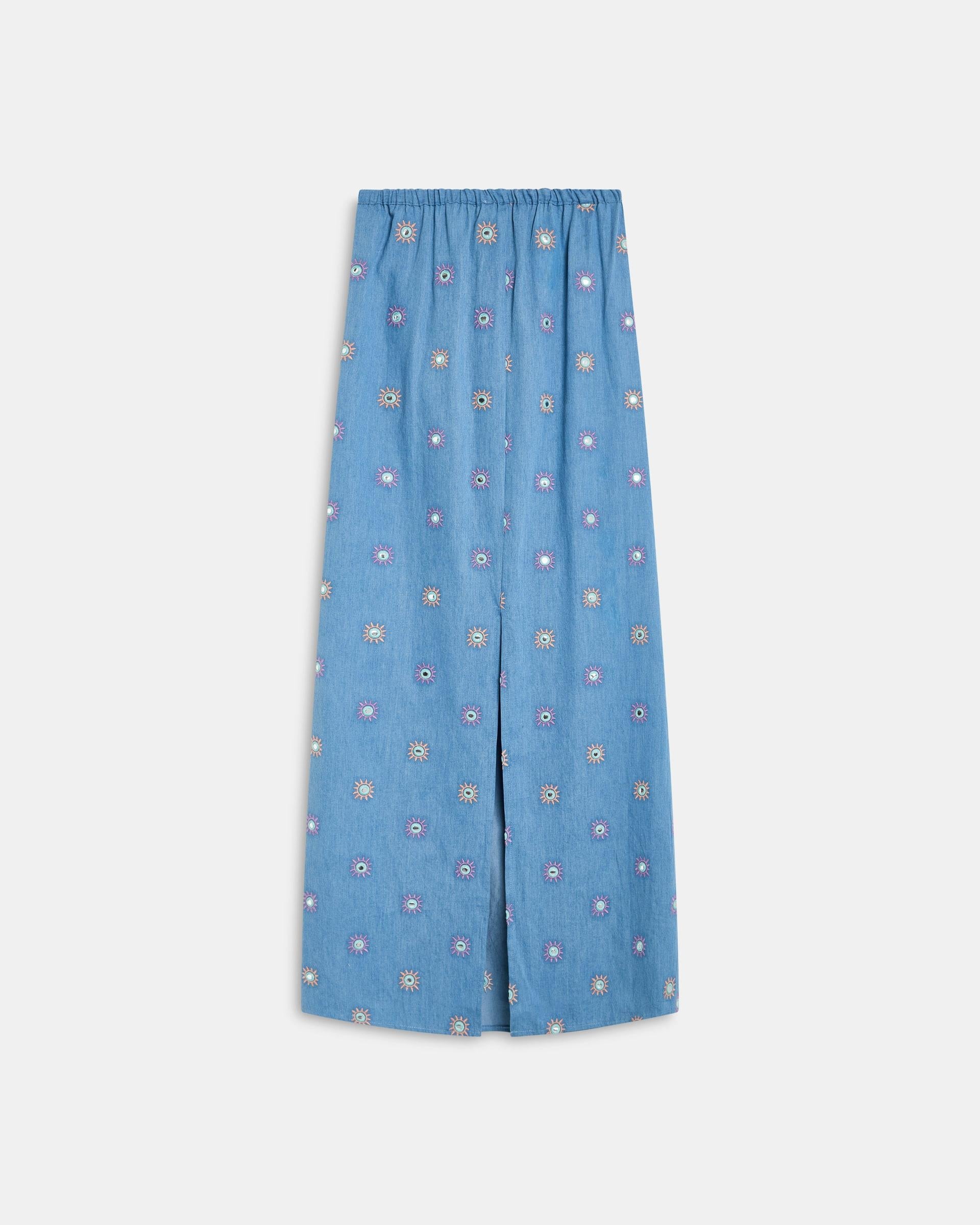Vestido Bordados Soles Espejos Azul Jeans