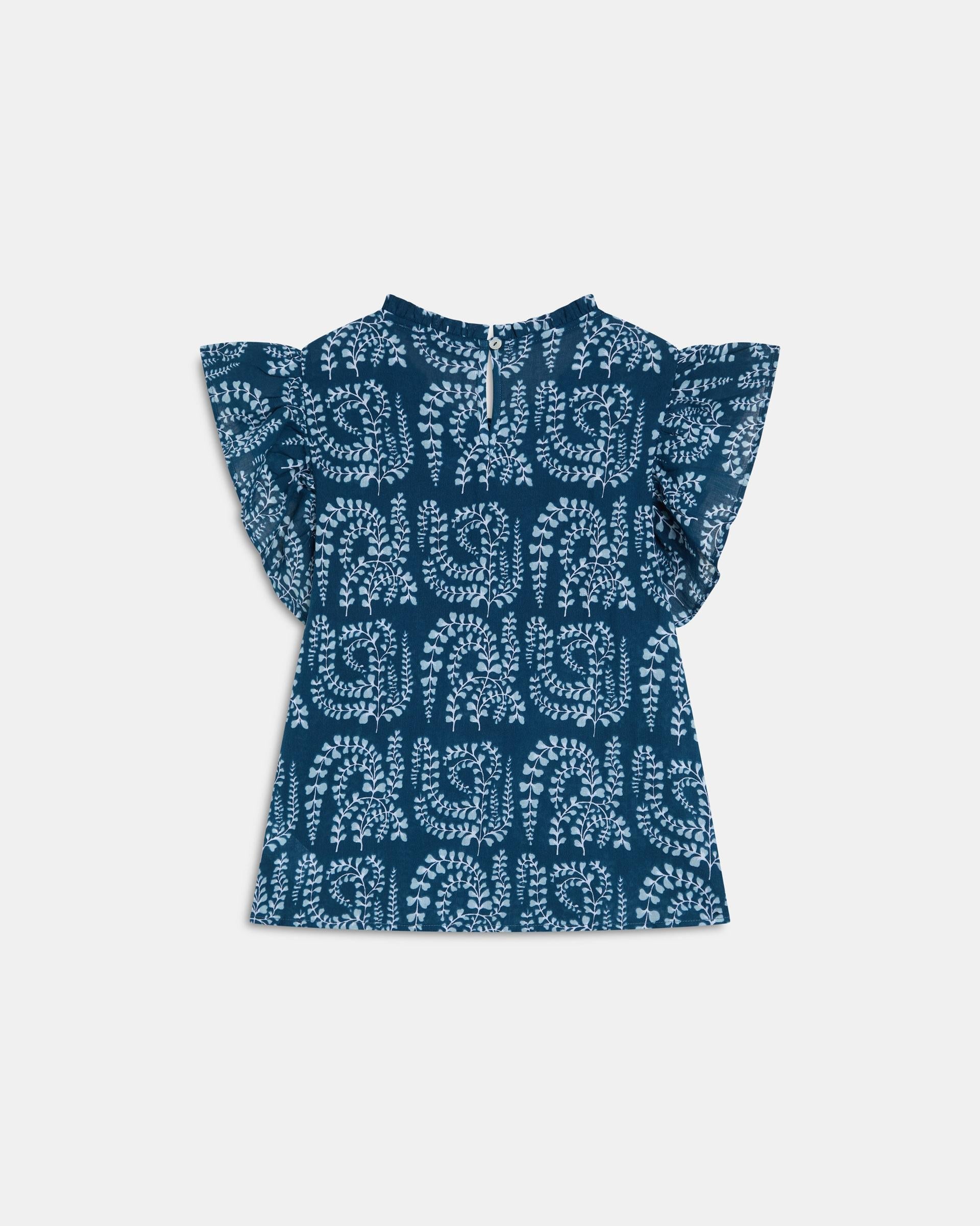 Blusa Manga Corta Volantes Puntillas Estampada Azul Oscuro