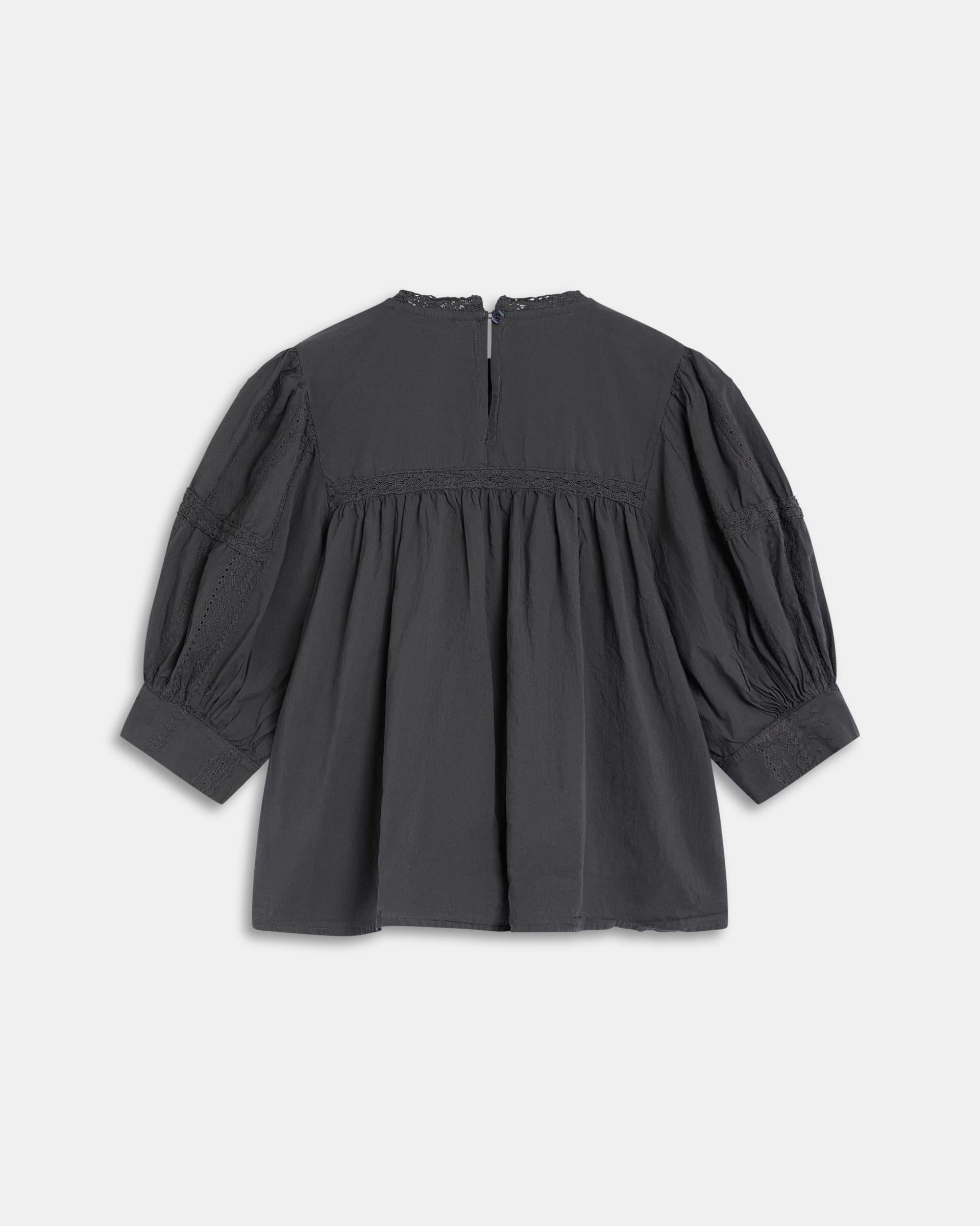 Blusa Manga Francesa Puntillas Jaretas Antracita