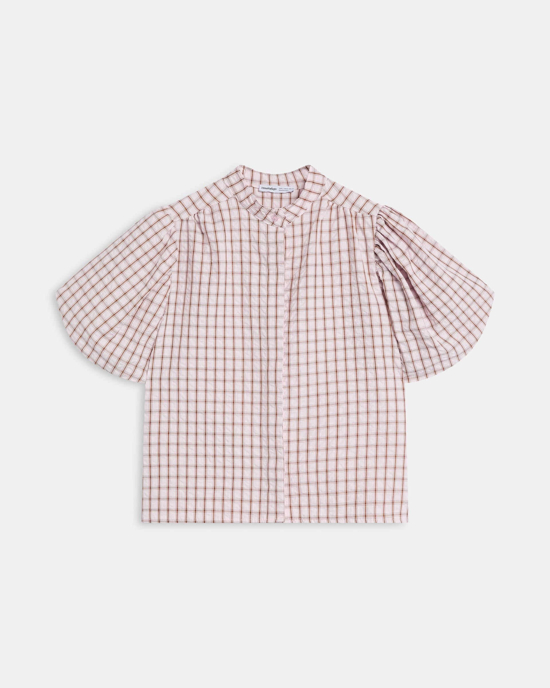 Blusa Manga Abullonada Cuadros Rosa