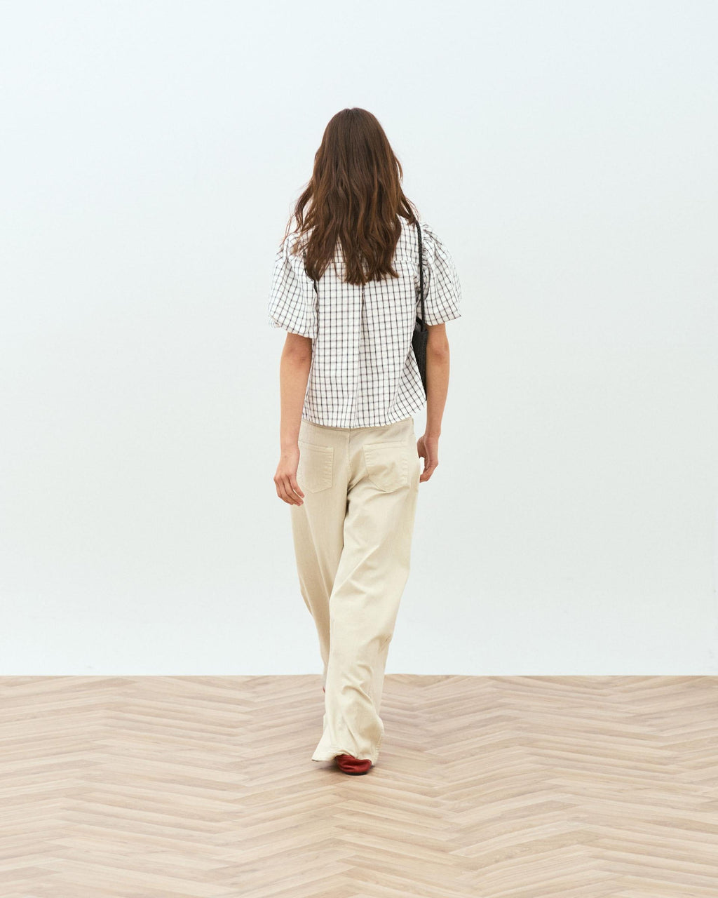 Blusa Manga Abullonada Cuadros Blanca