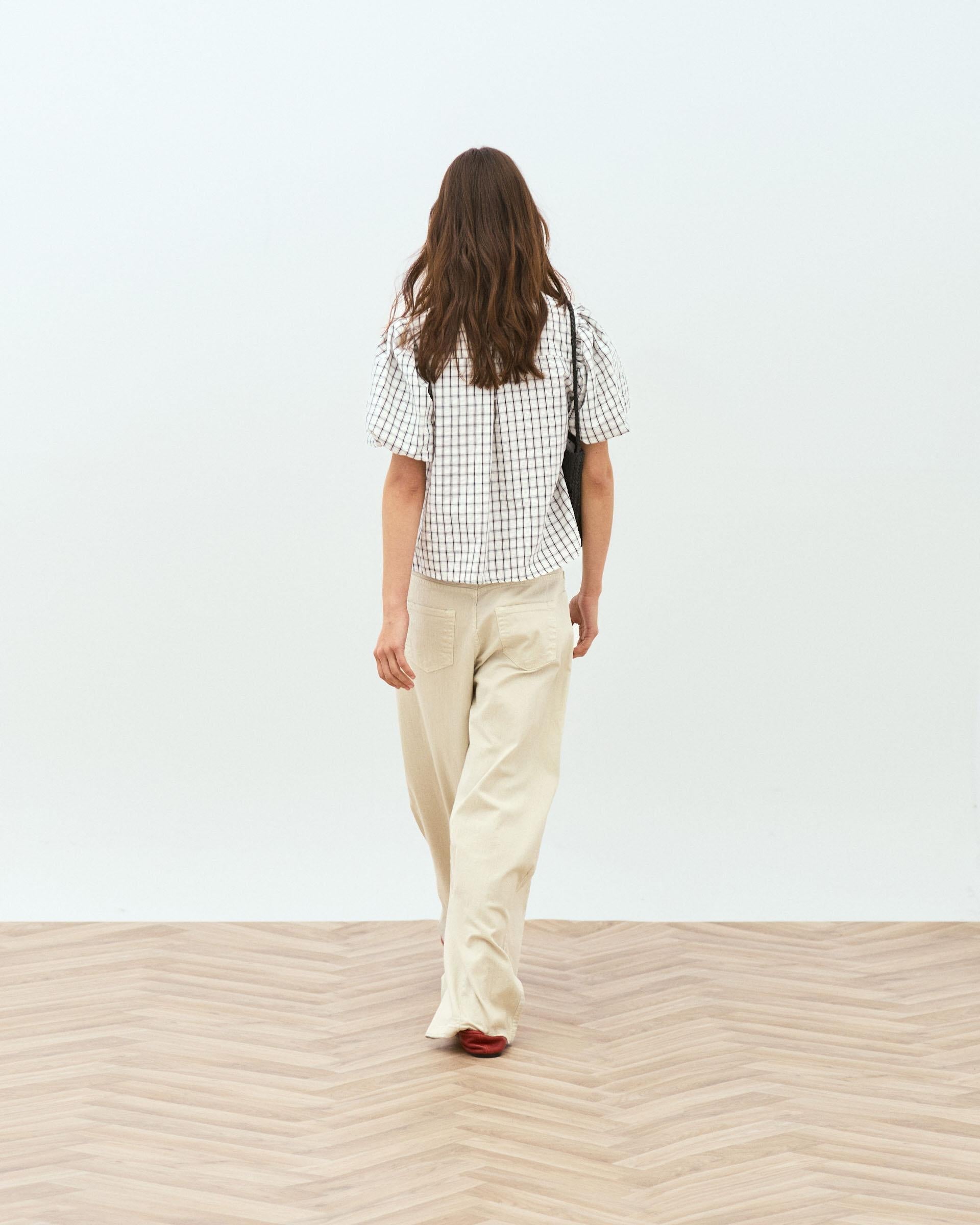 Blusa Manga Abullonada Cuadros Blanca