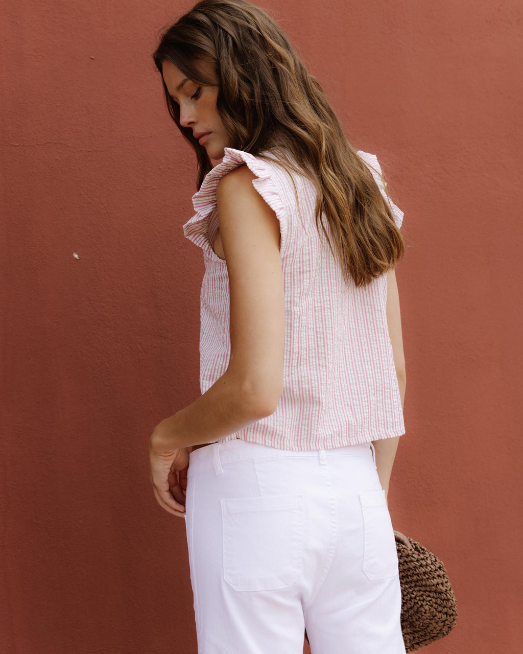 Blusa Sin Mangas Volantes Rayas Rosa