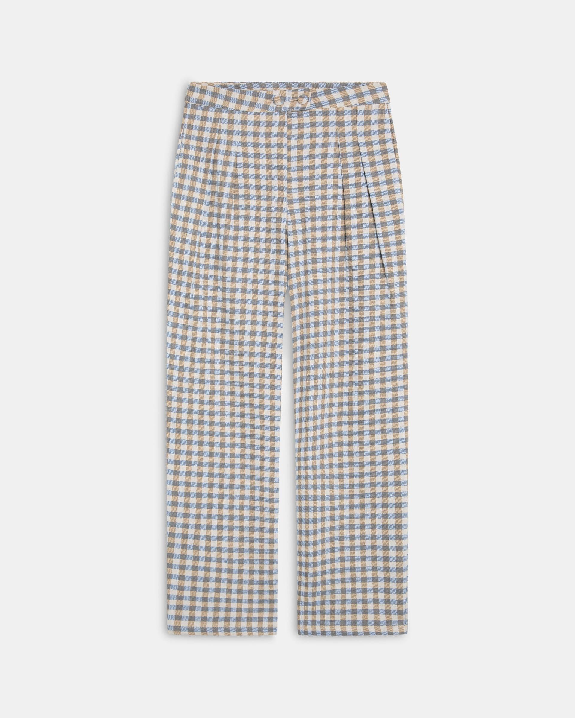 Pantalón Wide Leg Pinzas Cuadros Vichy Azul
