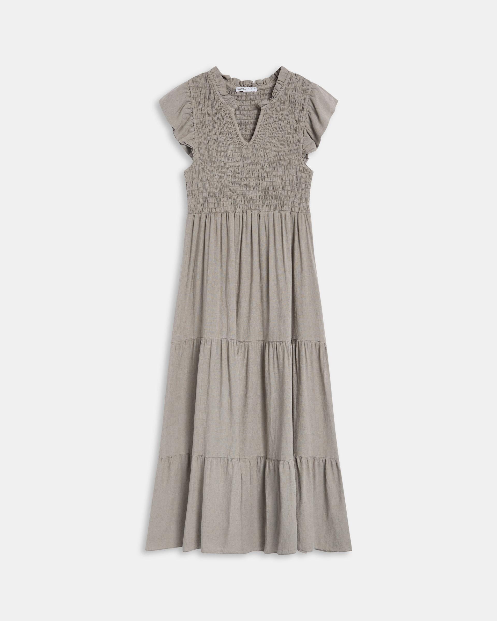 Vestido Largo Lino Nido De Abeja Taupe