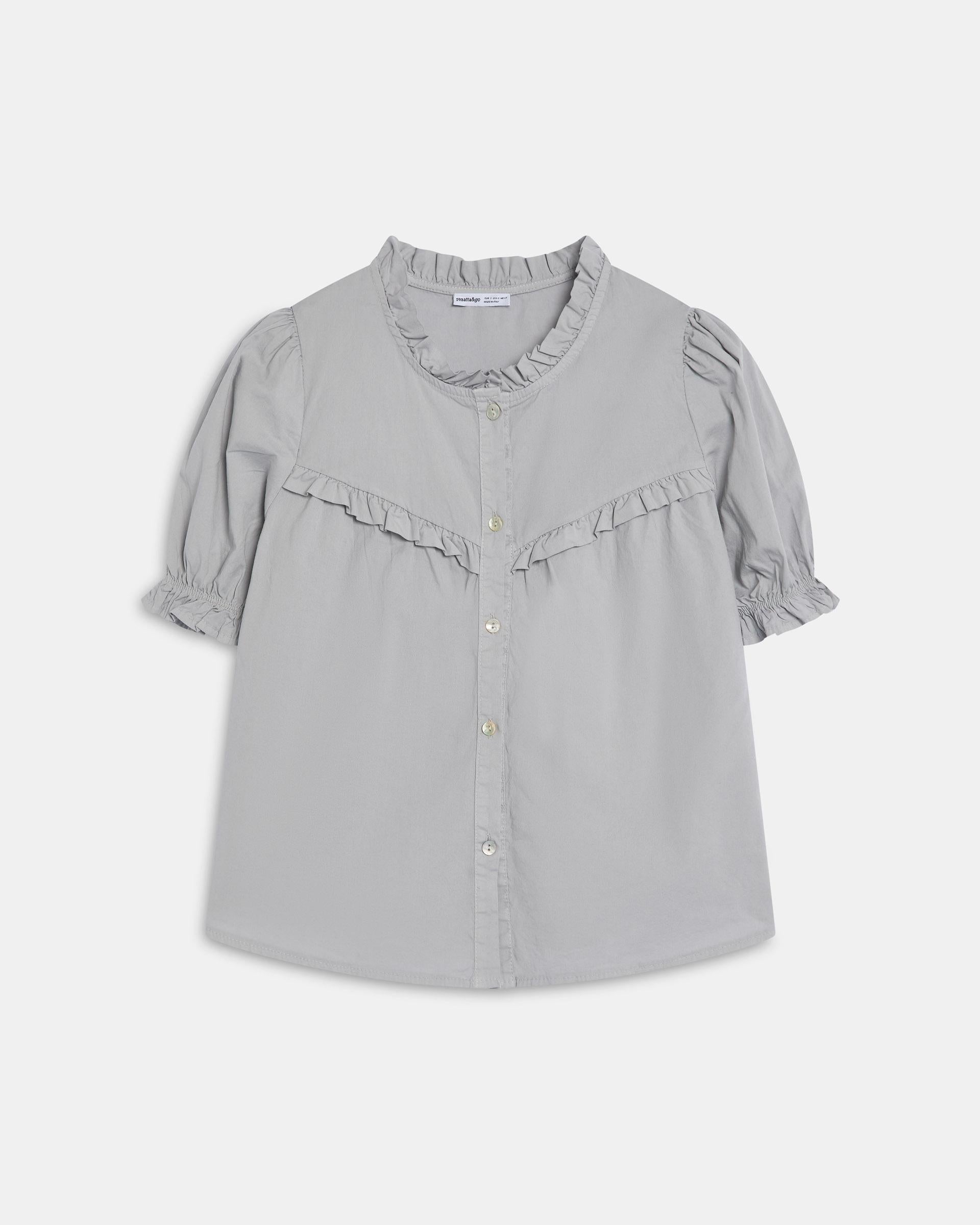 Blusa Manga Abullonada Canesú Pico Volantes Gris