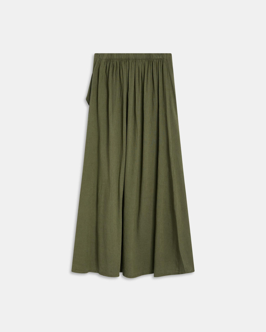Falda Larga Volante Lateral Con Lino Verde Oscuro