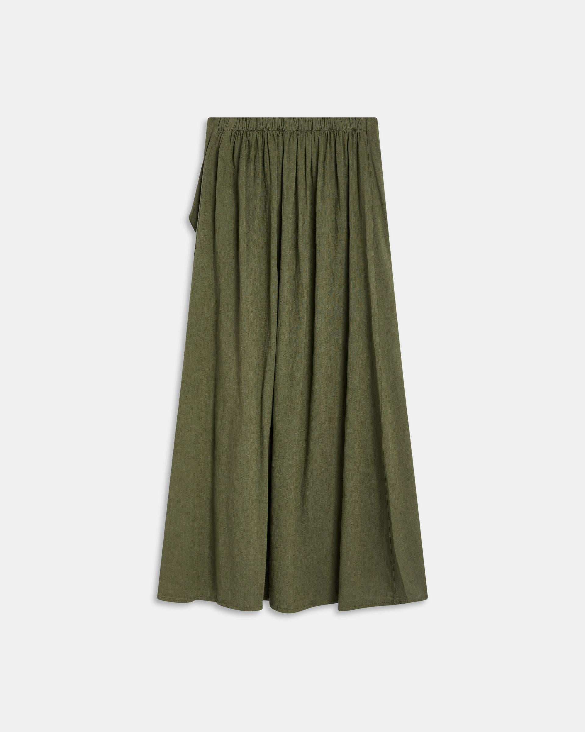 Falda Larga Volante Lateral Con Lino Verde Oscuro