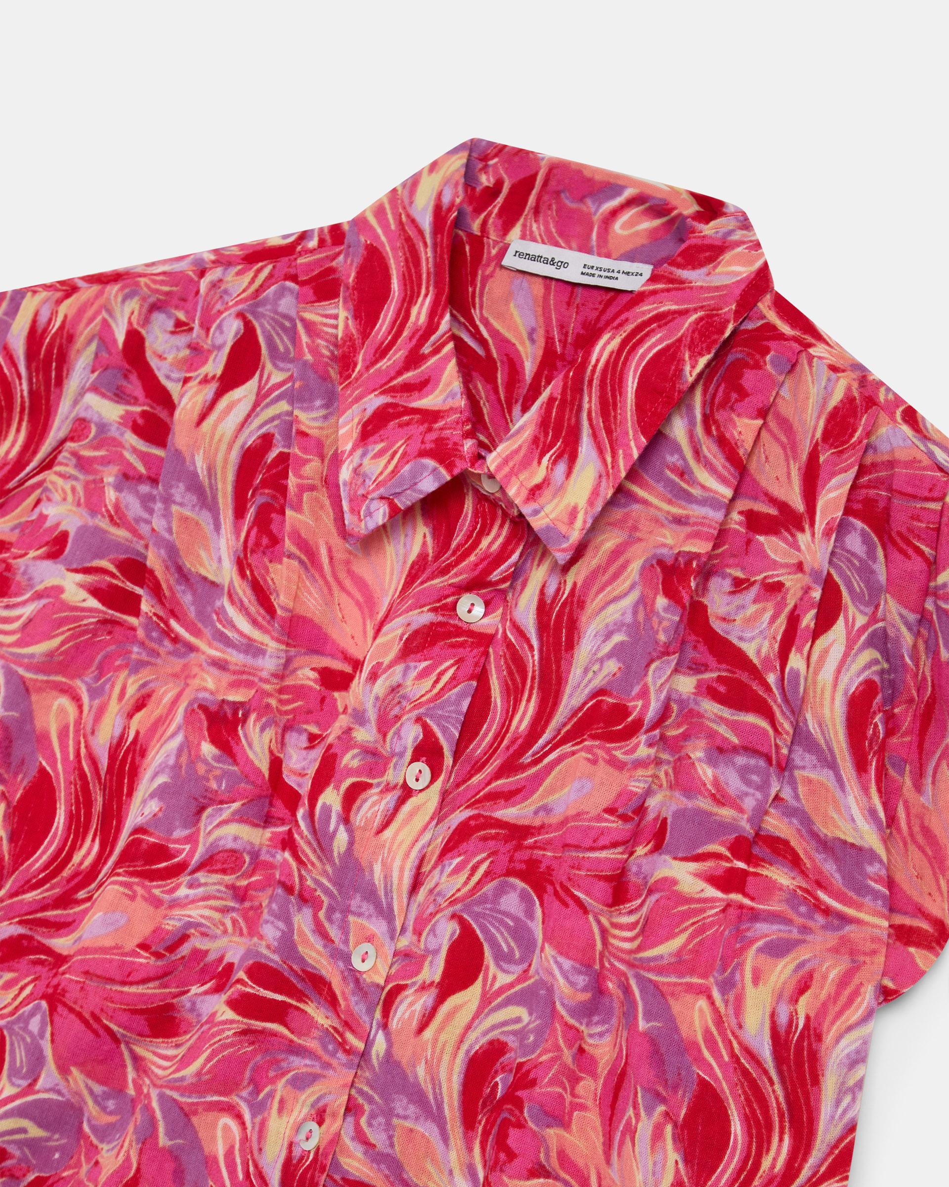 Camisa Sin Mangas Pliegues Estampado Floral Fucsia