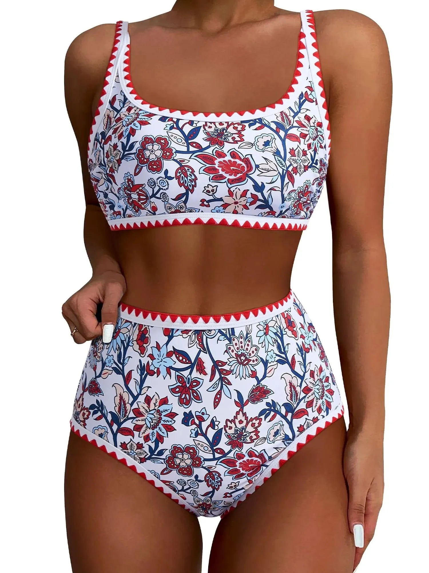 Floral Print Color Block Bikini Set