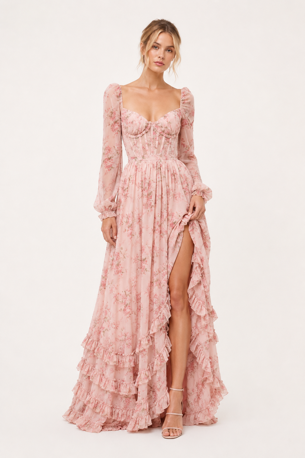 Vestido largo elegante floral mujer manga larga - Romy