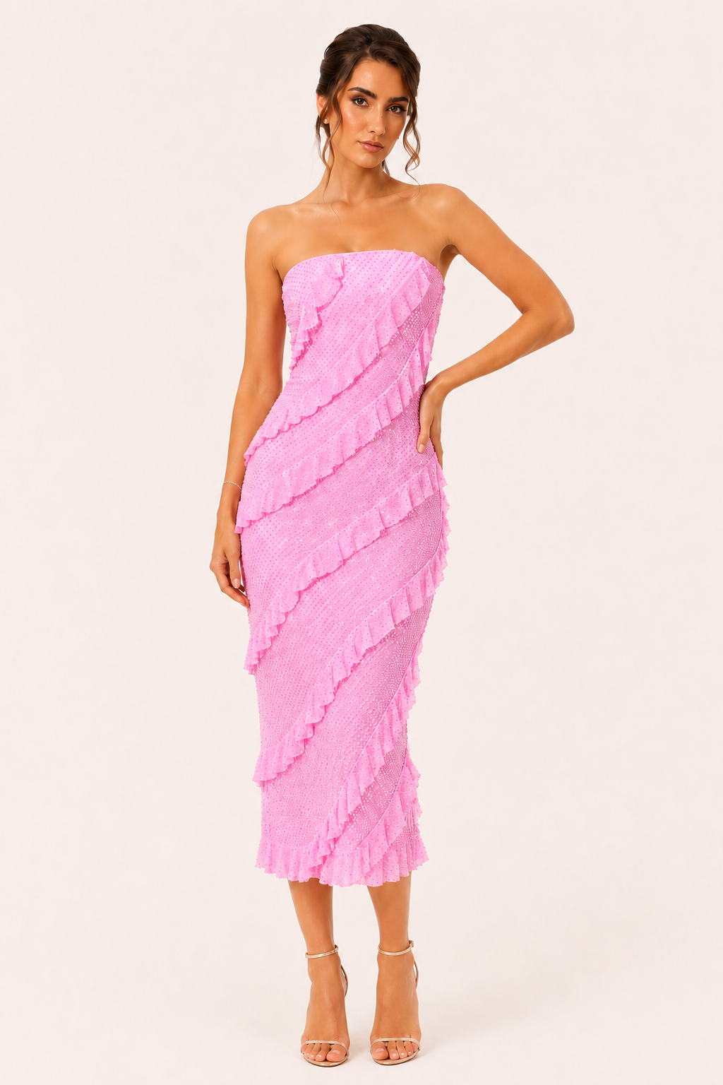 Vestido midi strapless mujer con volantes - Yina