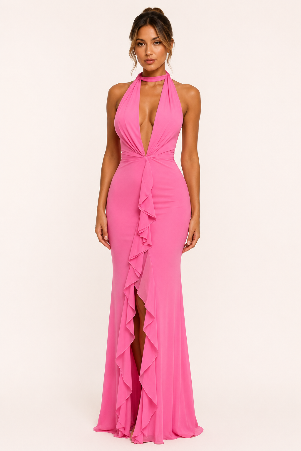 Vestido largo halter abertura frontal mujer - Romy