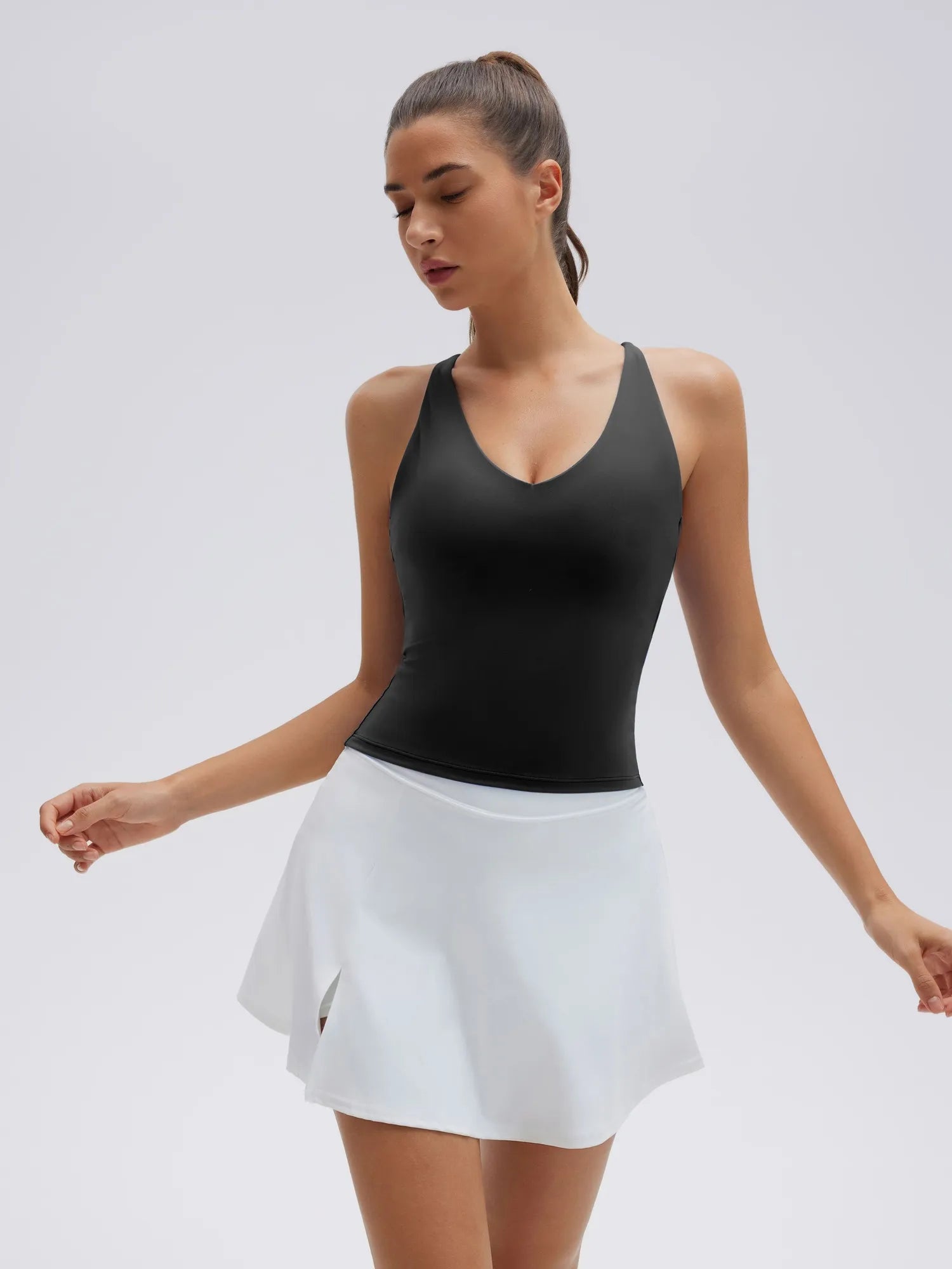 Open Back V Neck Padded Longline Workout Tank Tops
