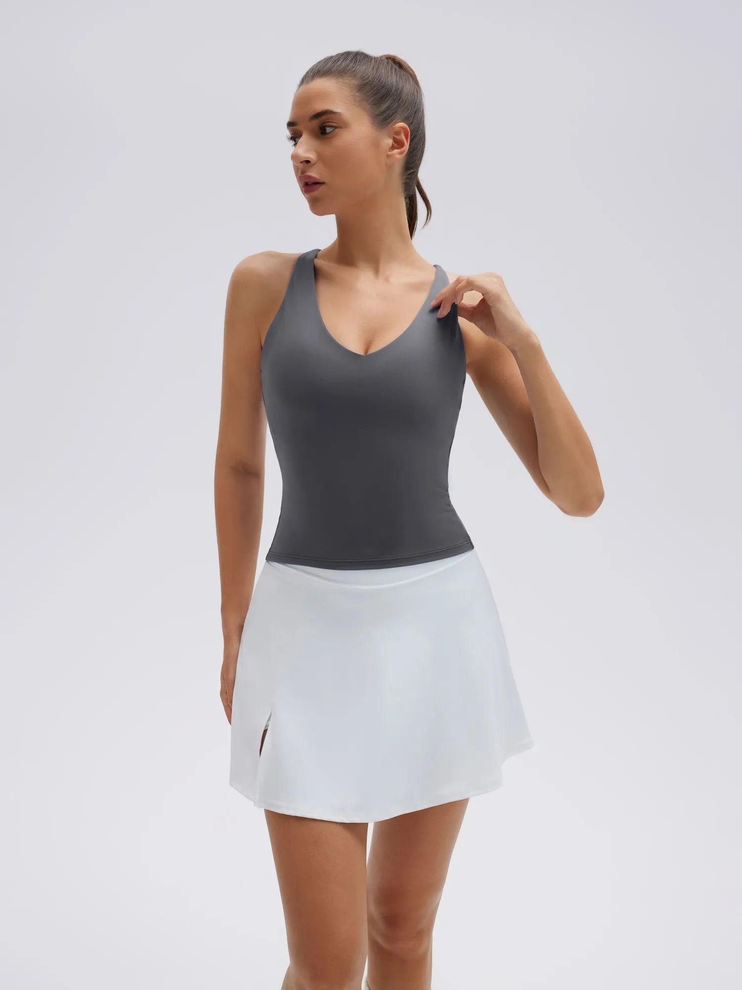 Open Back V Neck Padded Longline Workout Tank Tops