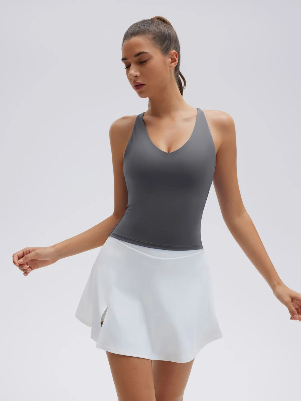 Open Back V Neck Padded Longline Workout Tank Tops