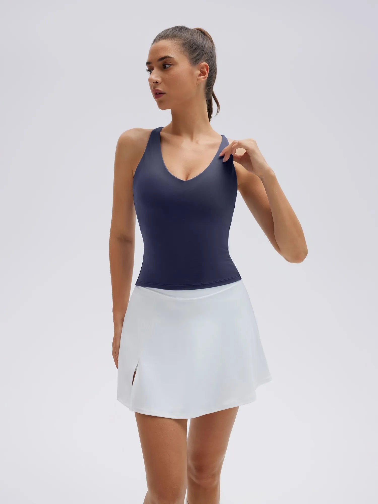 Open Back V Neck Padded Longline Workout Tank Tops