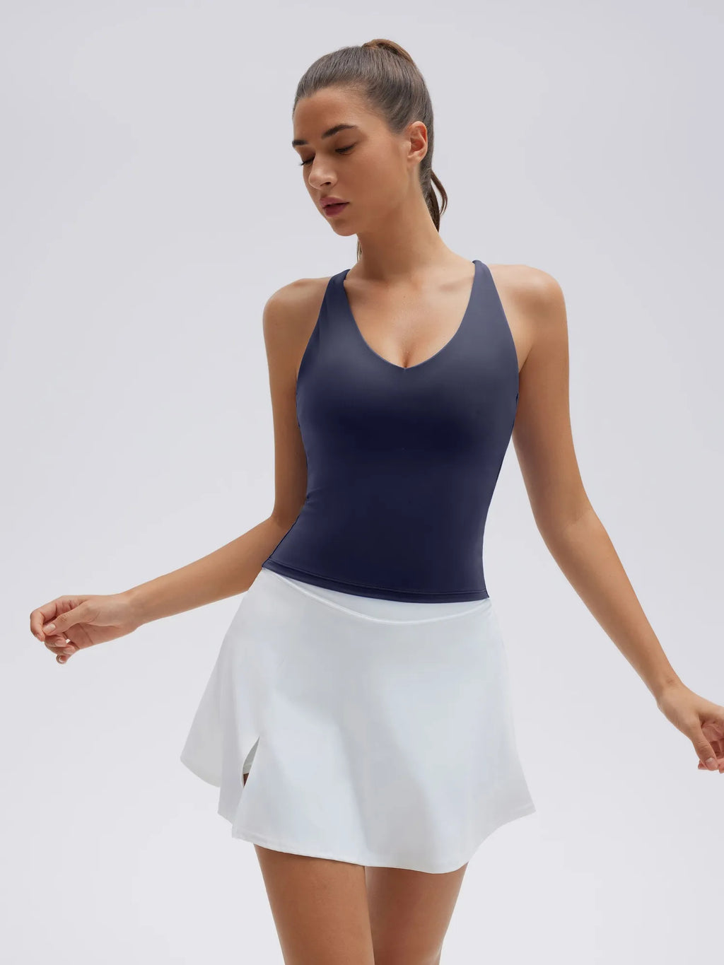 Open Back V Neck Padded Longline Workout Tank Tops