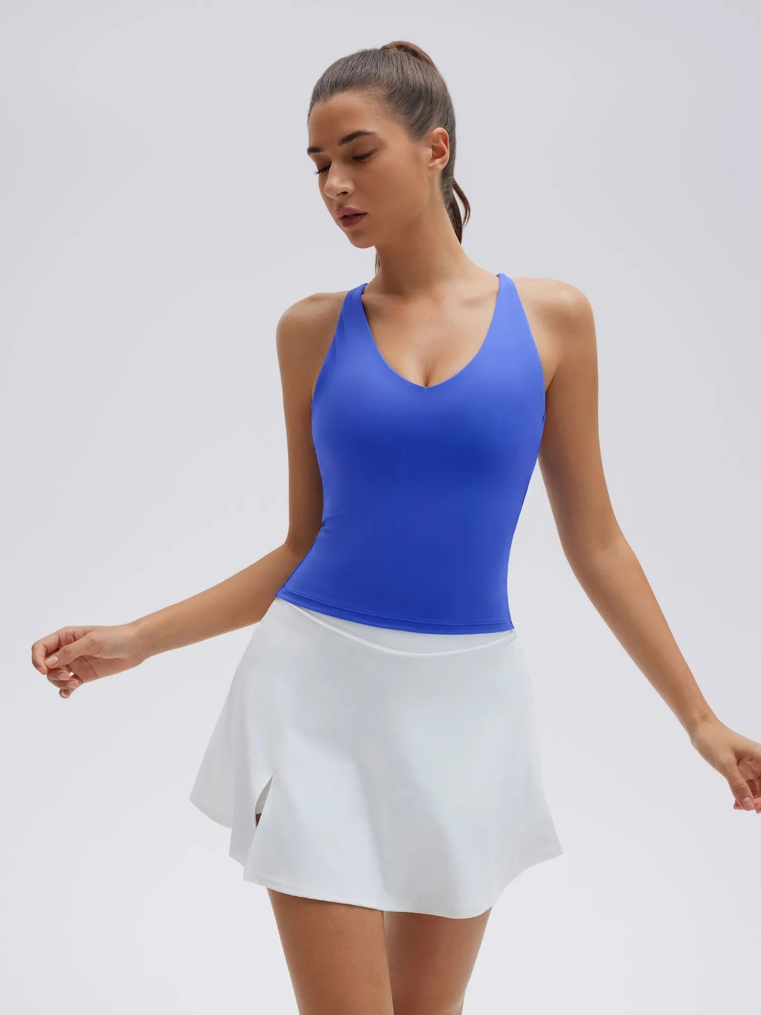 Open Back V Neck Padded Longline Workout Tank Tops