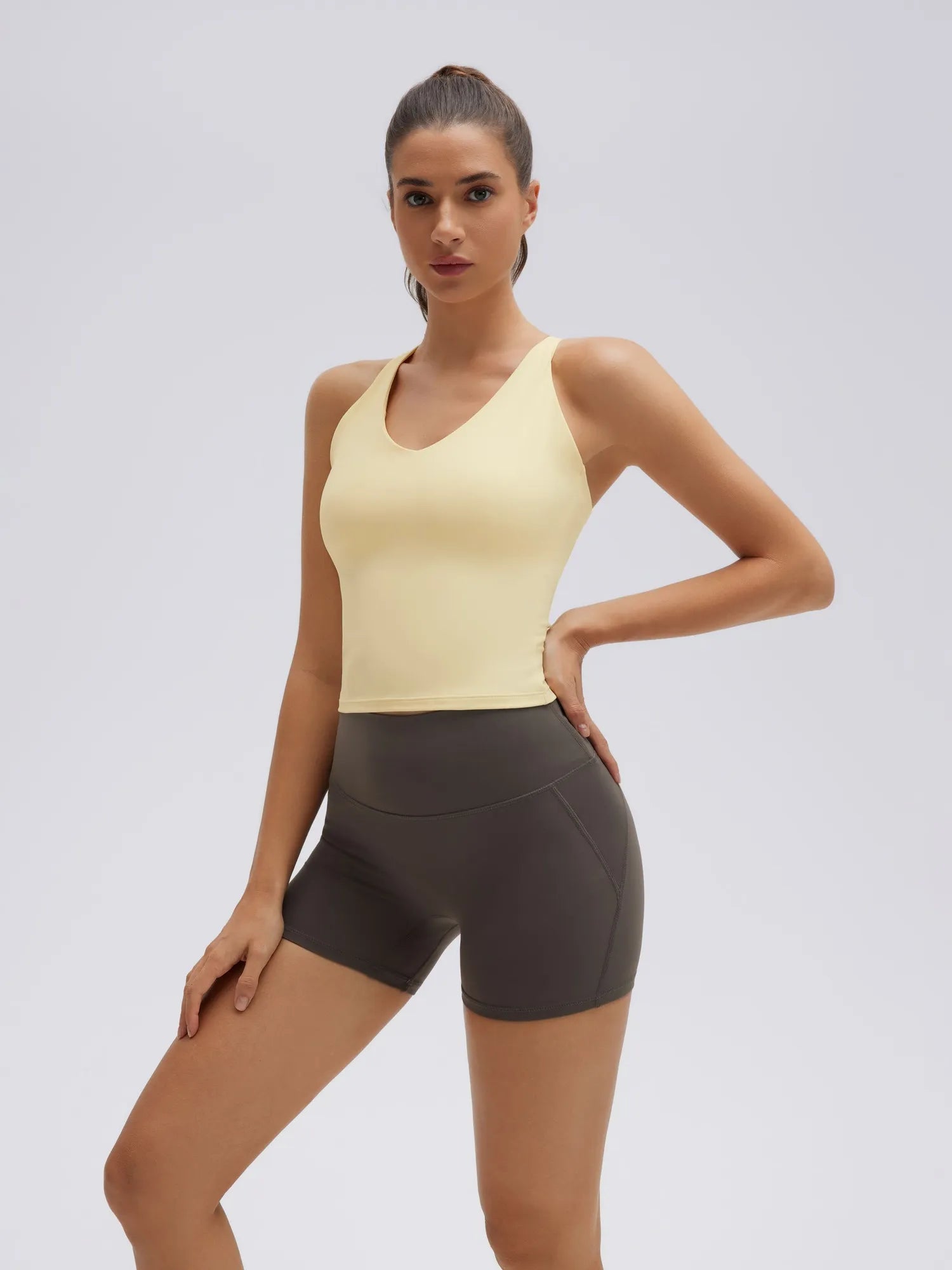 Open Back V Neck Padded Longline Workout Tank Tops