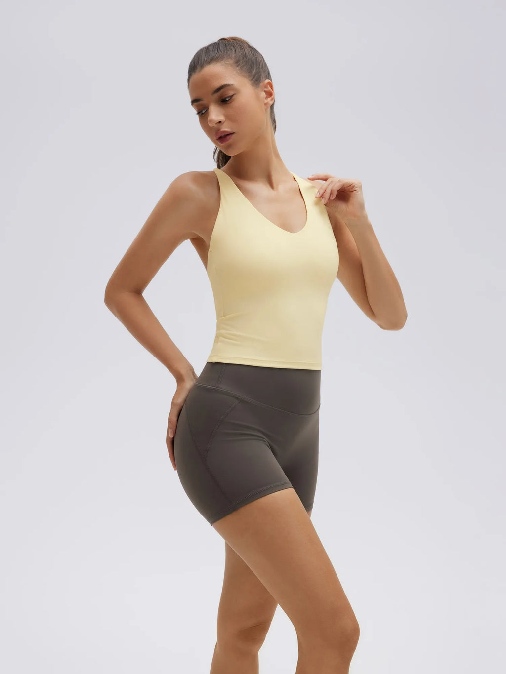 Open Back V Neck Padded Longline Workout Tank Tops