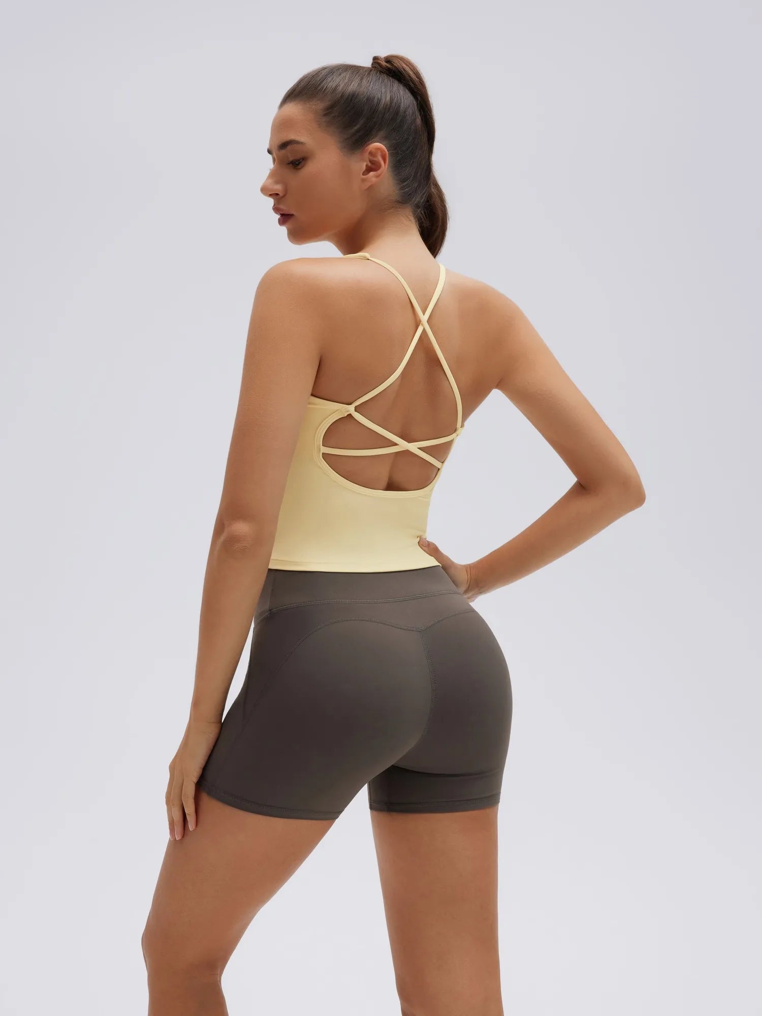 Open Back V Neck Padded Longline Workout Tank Tops