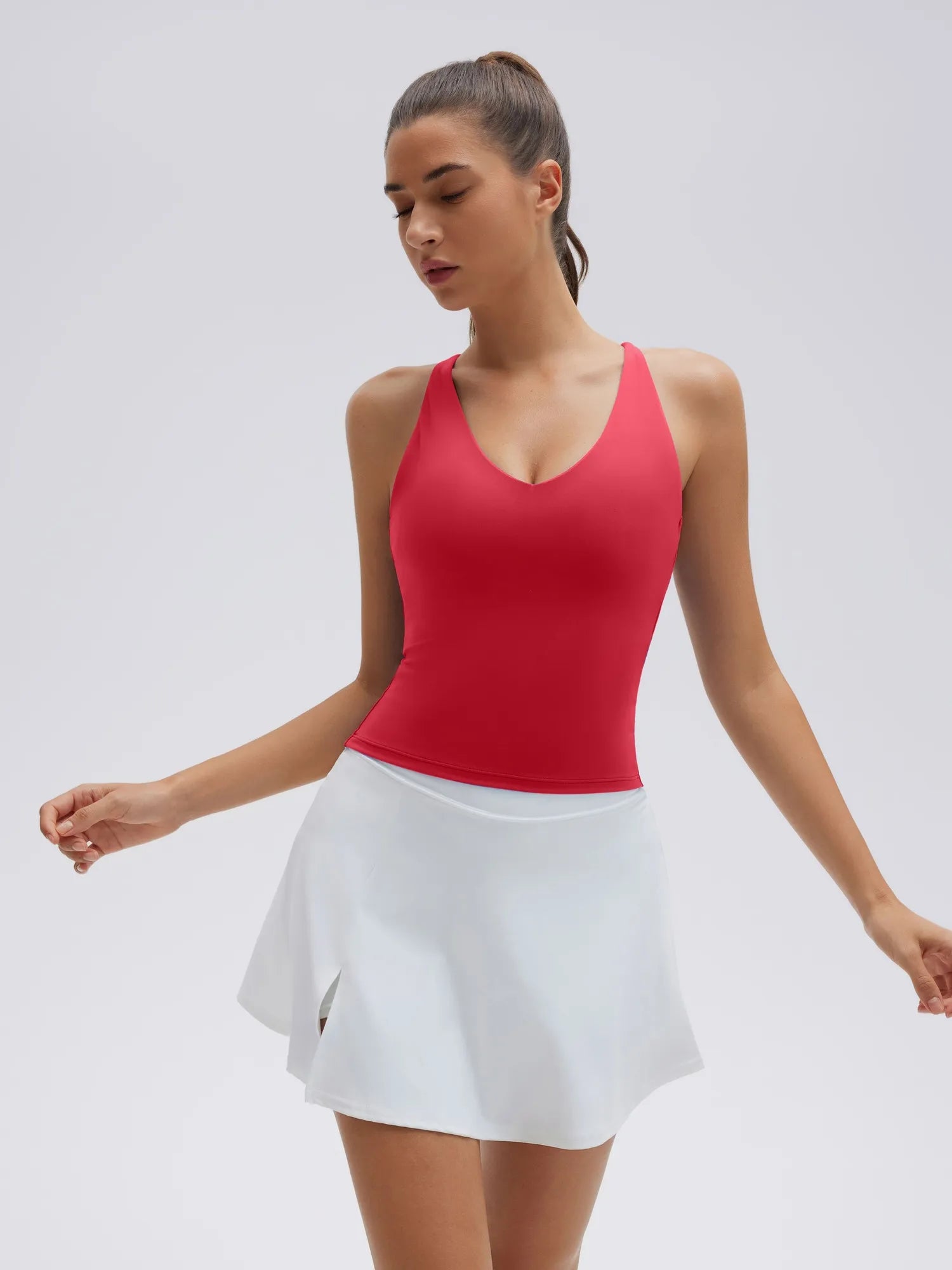 Open Back V Neck Padded Longline Workout Tank Tops