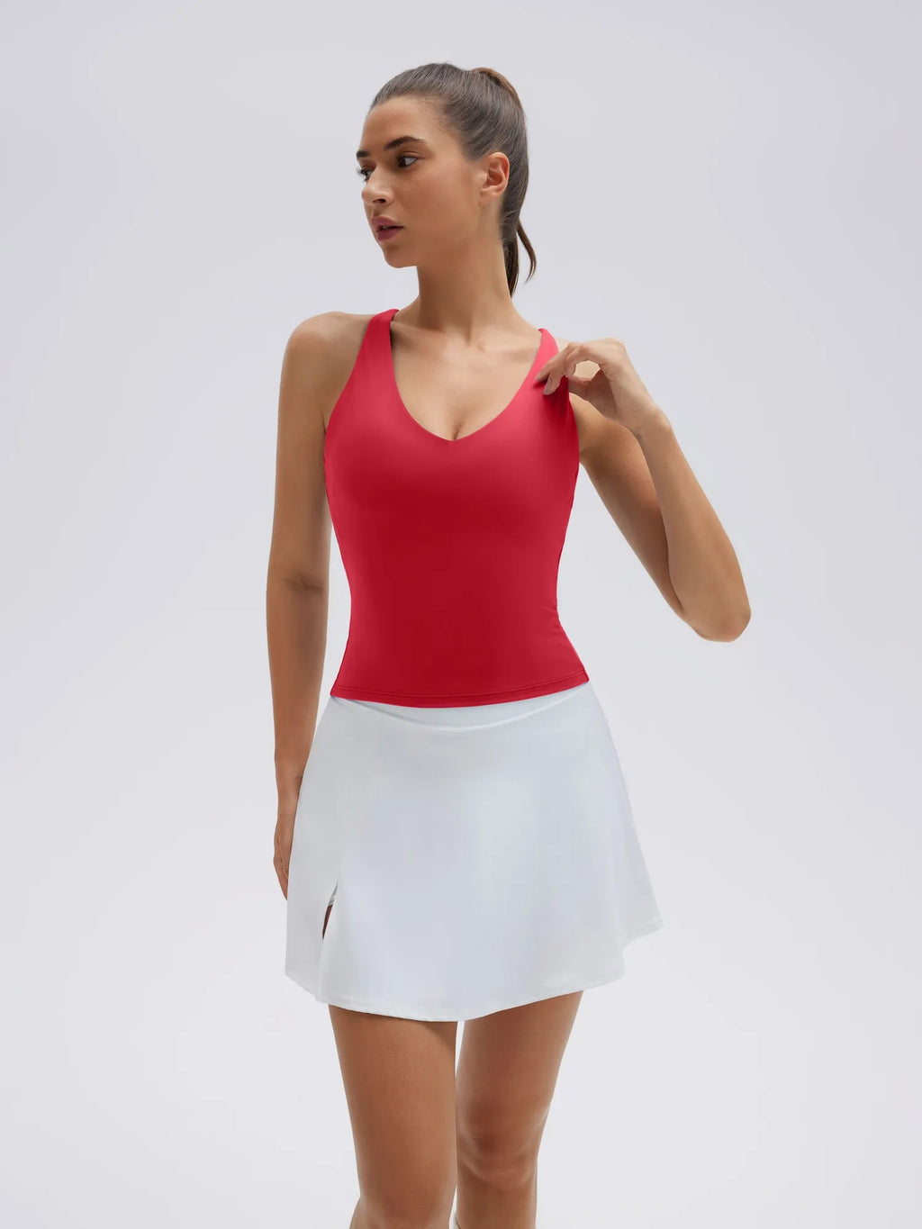 Open Back V Neck Padded Longline Workout Tank Tops