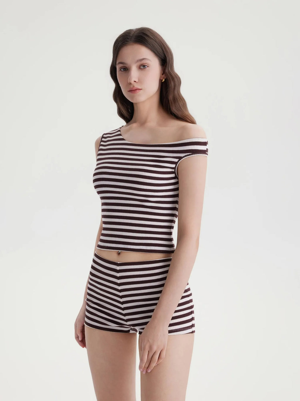 Off Shoulder Mini Shorts 2 Piece Striped Sets