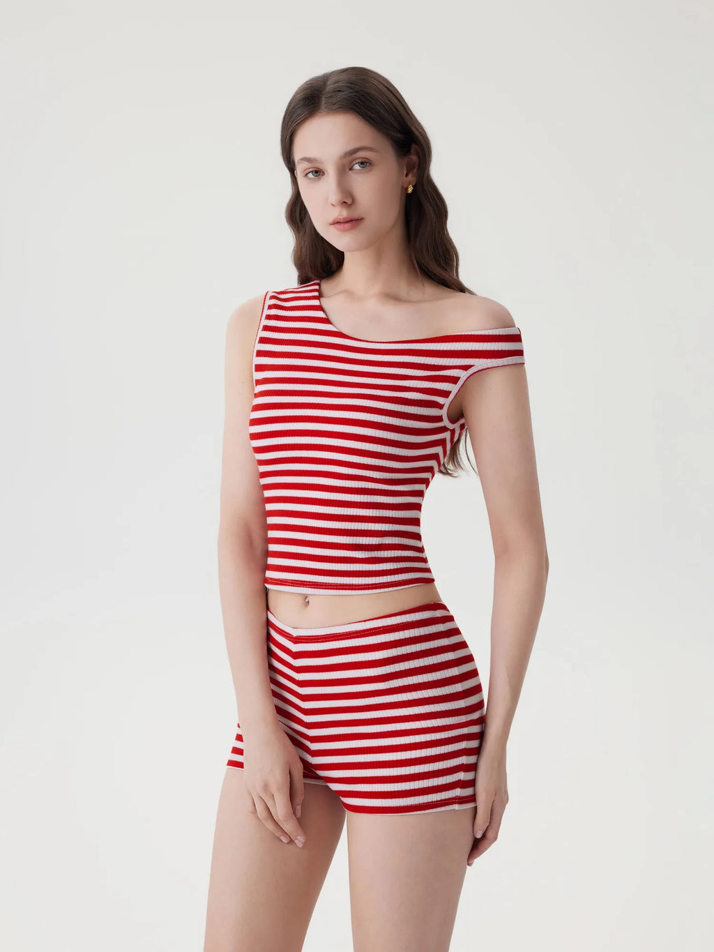 Off Shoulder Mini Shorts 2 Piece Striped Sets