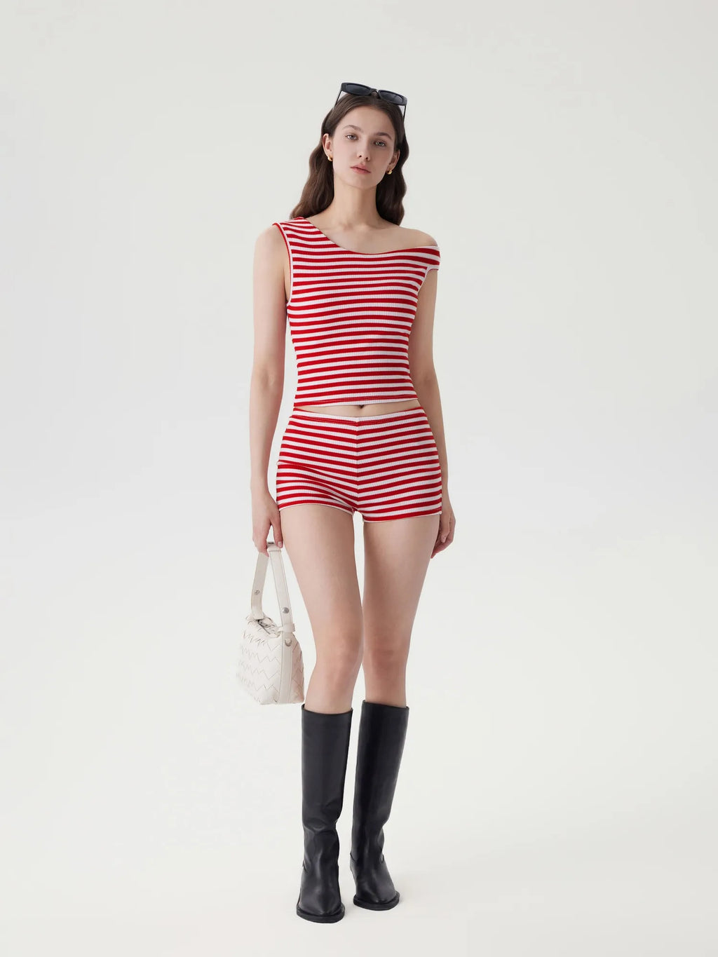 Off Shoulder Mini Shorts 2 Piece Striped Sets