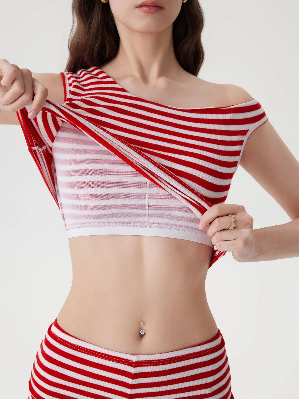 Off Shoulder Mini Shorts 2 Piece Striped Sets