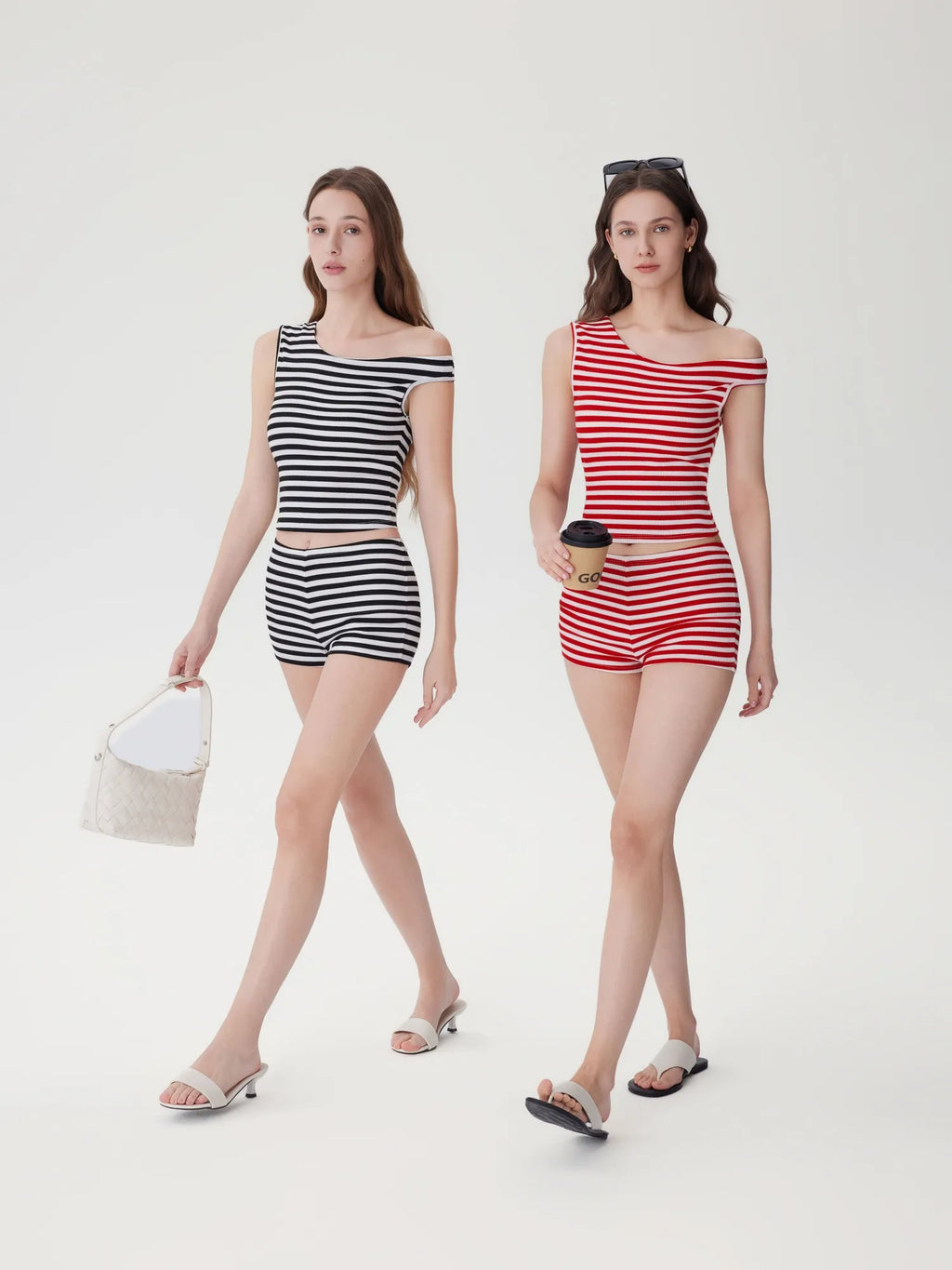 Off Shoulder Mini Shorts 2 Piece Striped Sets