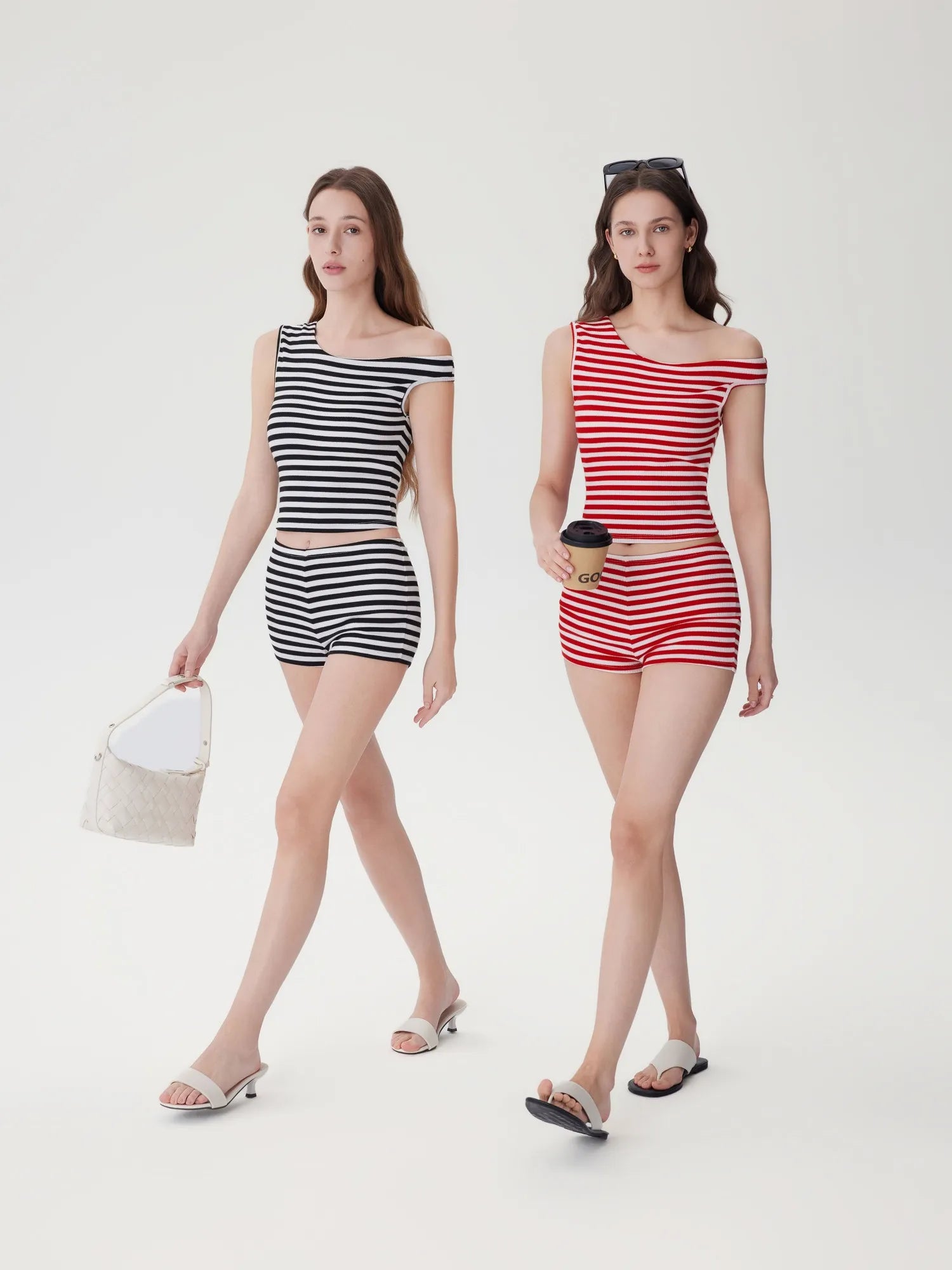 Off Shoulder Mini Shorts 2 Piece Striped Sets
