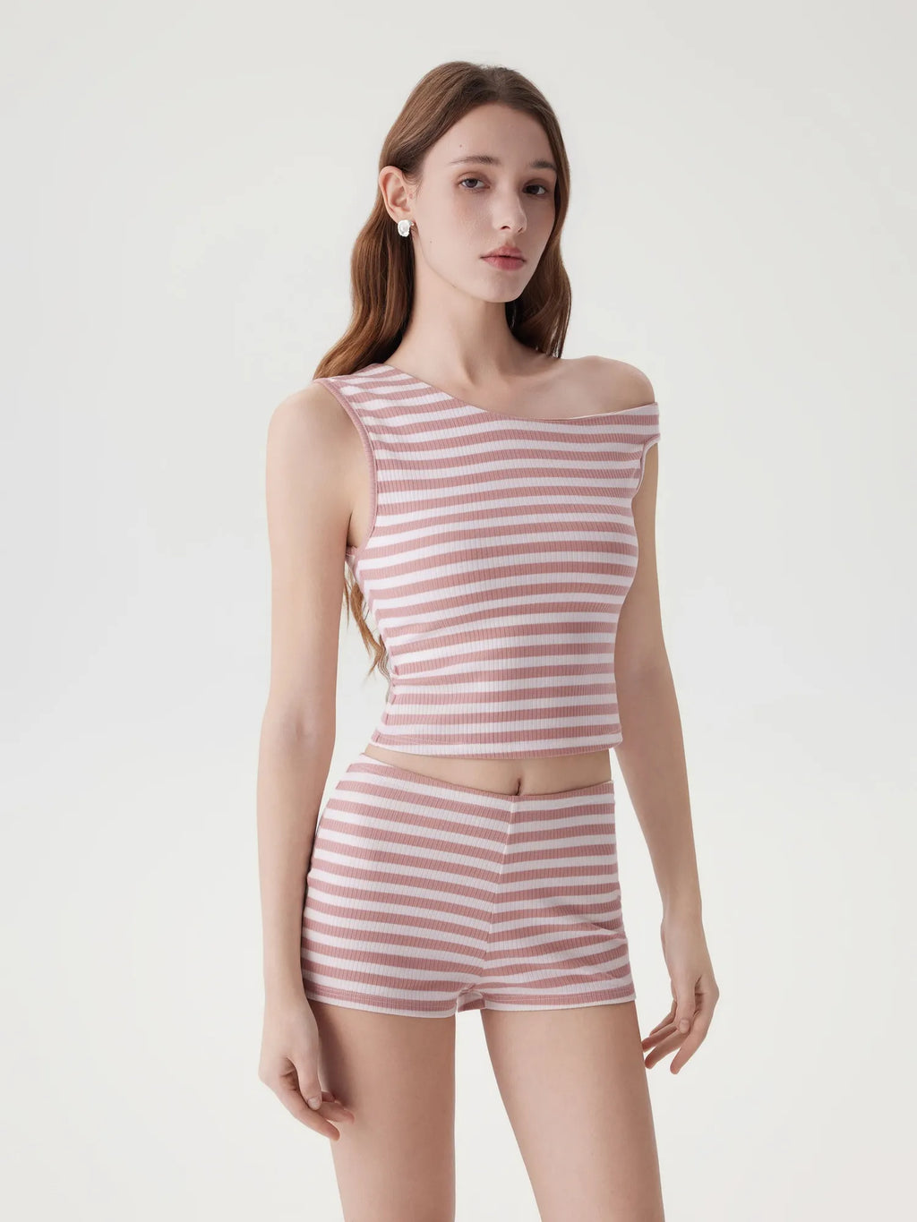 Off Shoulder Mini Shorts 2 Piece Striped Sets