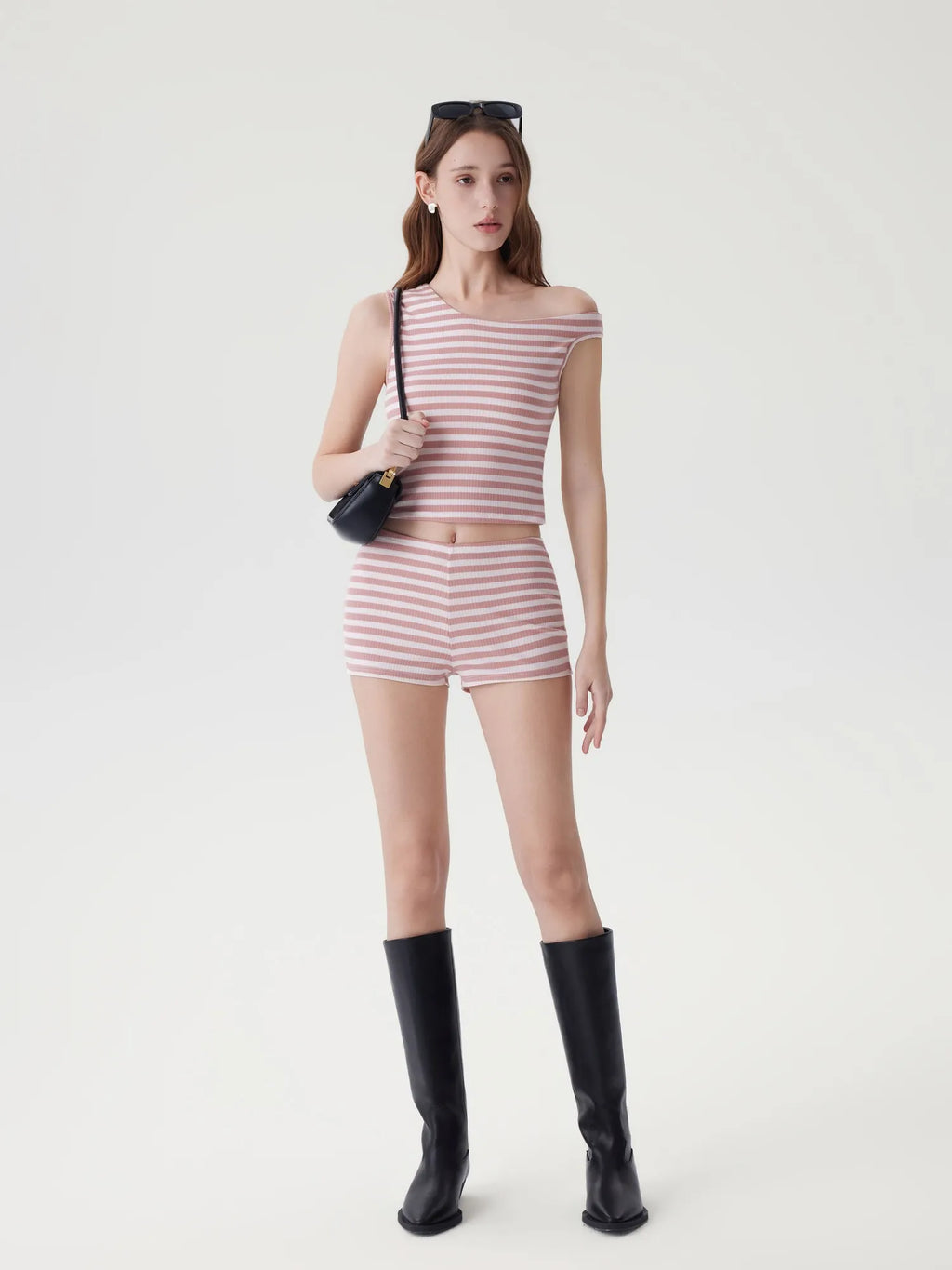 Off Shoulder Mini Shorts 2 Piece Striped Sets