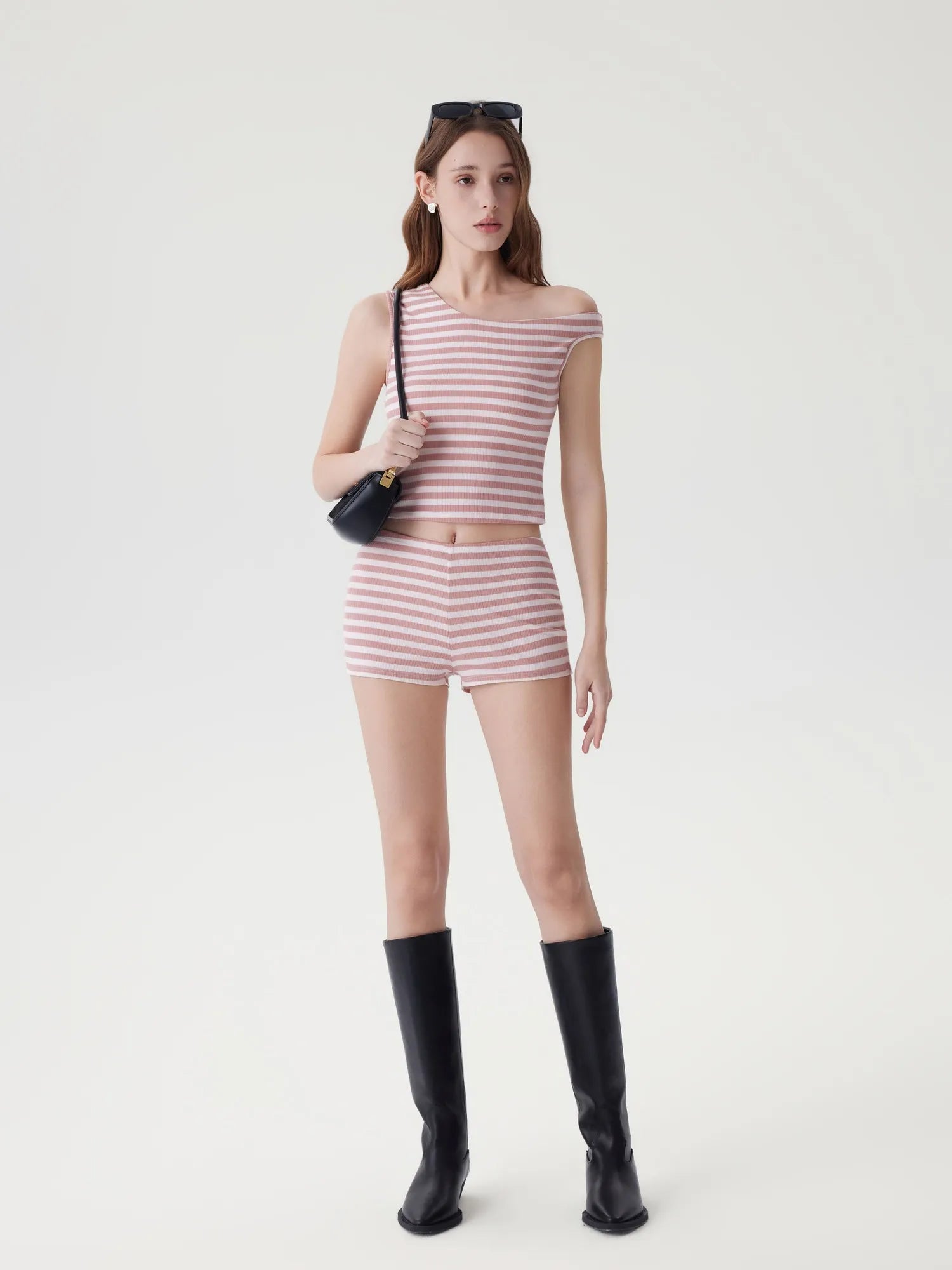 Off Shoulder Mini Shorts 2 Piece Striped Sets