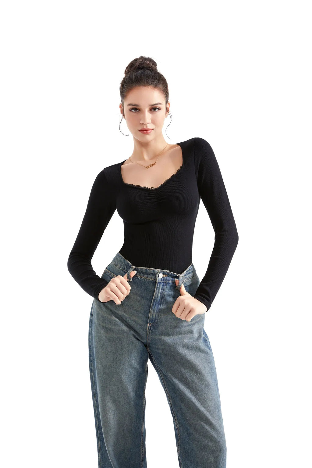 Ribbed Lace V Neck Shirt - Long Sleeve