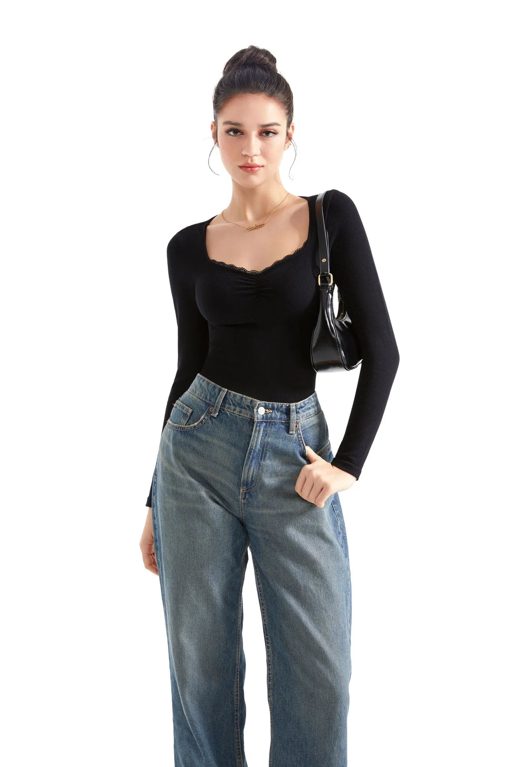 Ribbed Lace V Neck Shirt - Long Sleeve