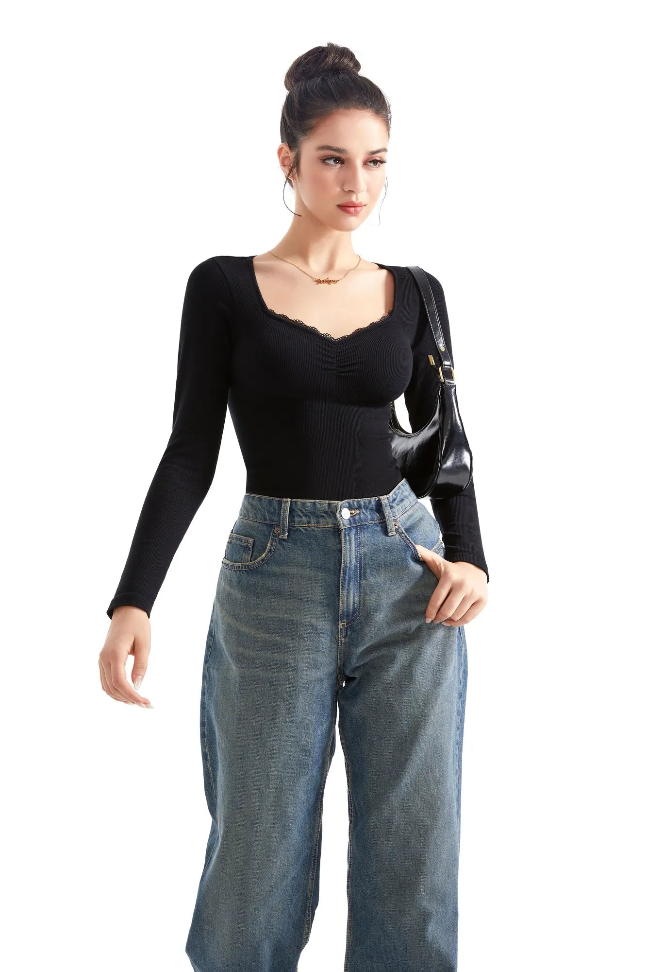Ribbed Lace V Neck Shirt - Long Sleeve