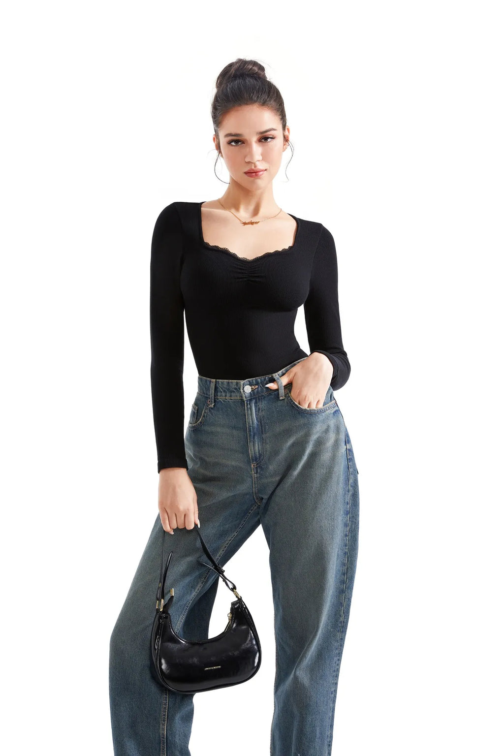 Ribbed Lace V Neck Shirt - Long Sleeve