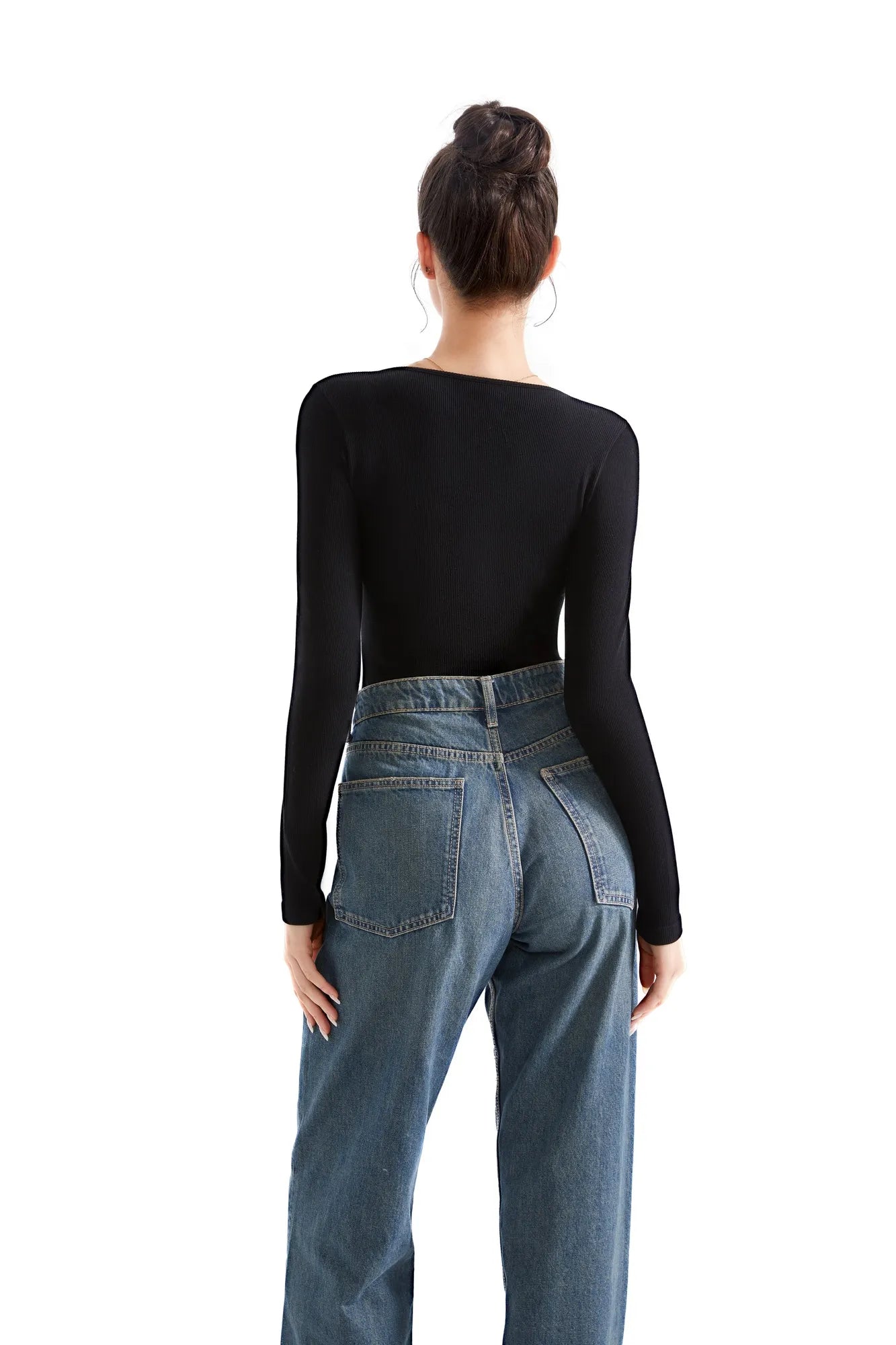 Ribbed Lace V Neck Shirt - Long Sleeve