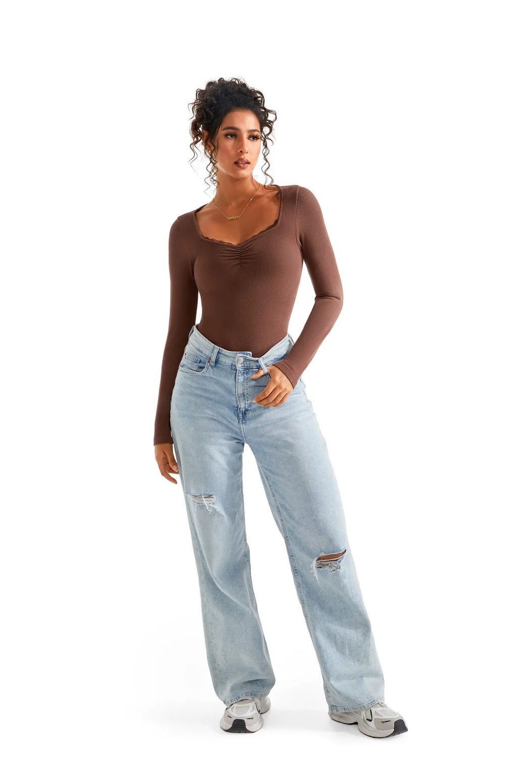 Ribbed Lace V Neck Shirt - Long Sleeve