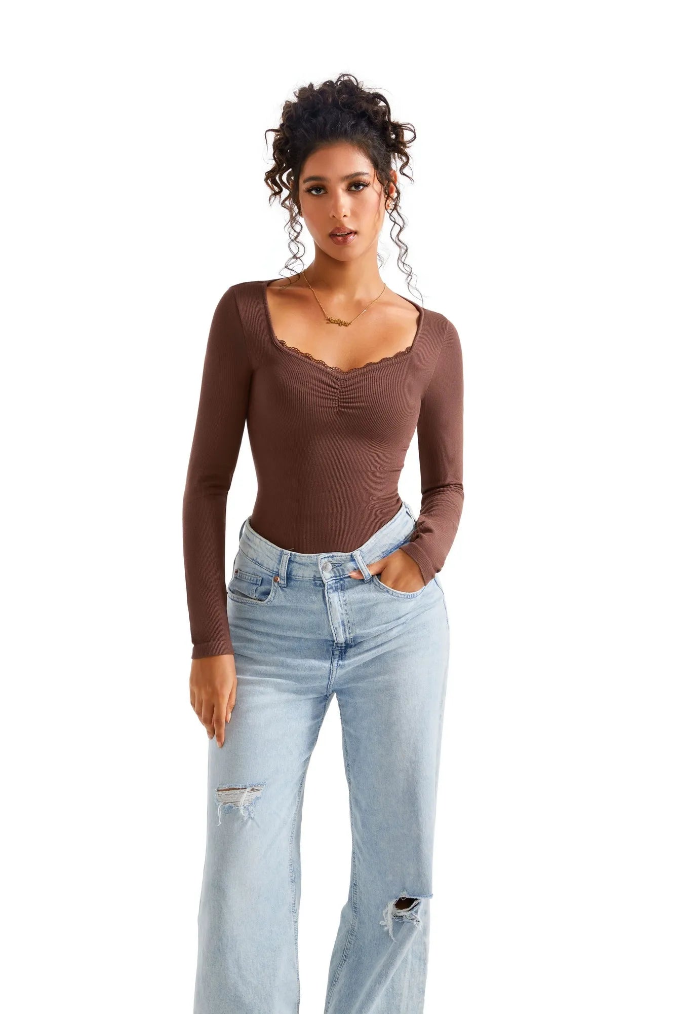 Ribbed Lace V Neck Shirt - Long Sleeve