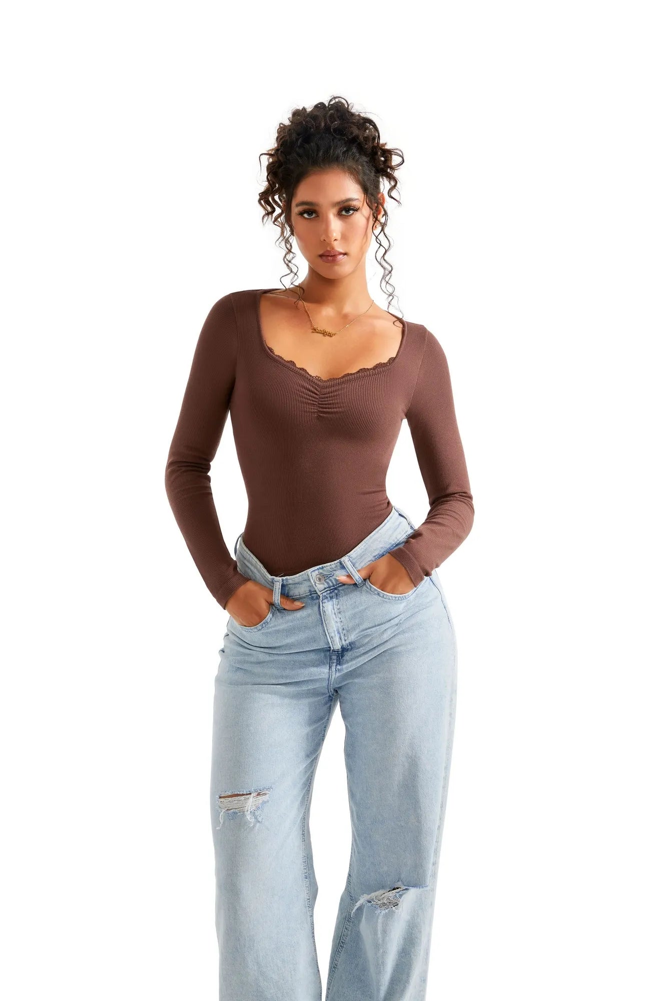 Ribbed Lace V Neck Shirt - Long Sleeve