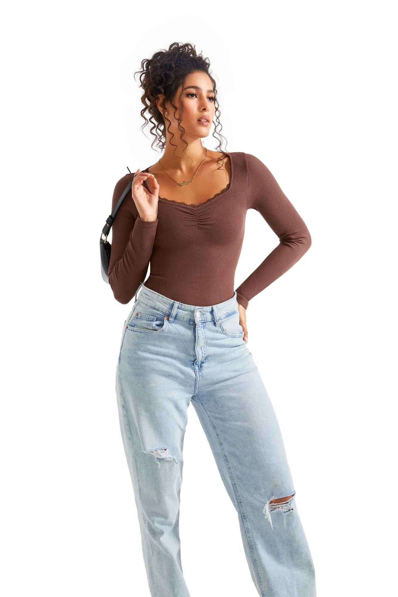 Ribbed Lace V Neck Shirt - Long Sleeve