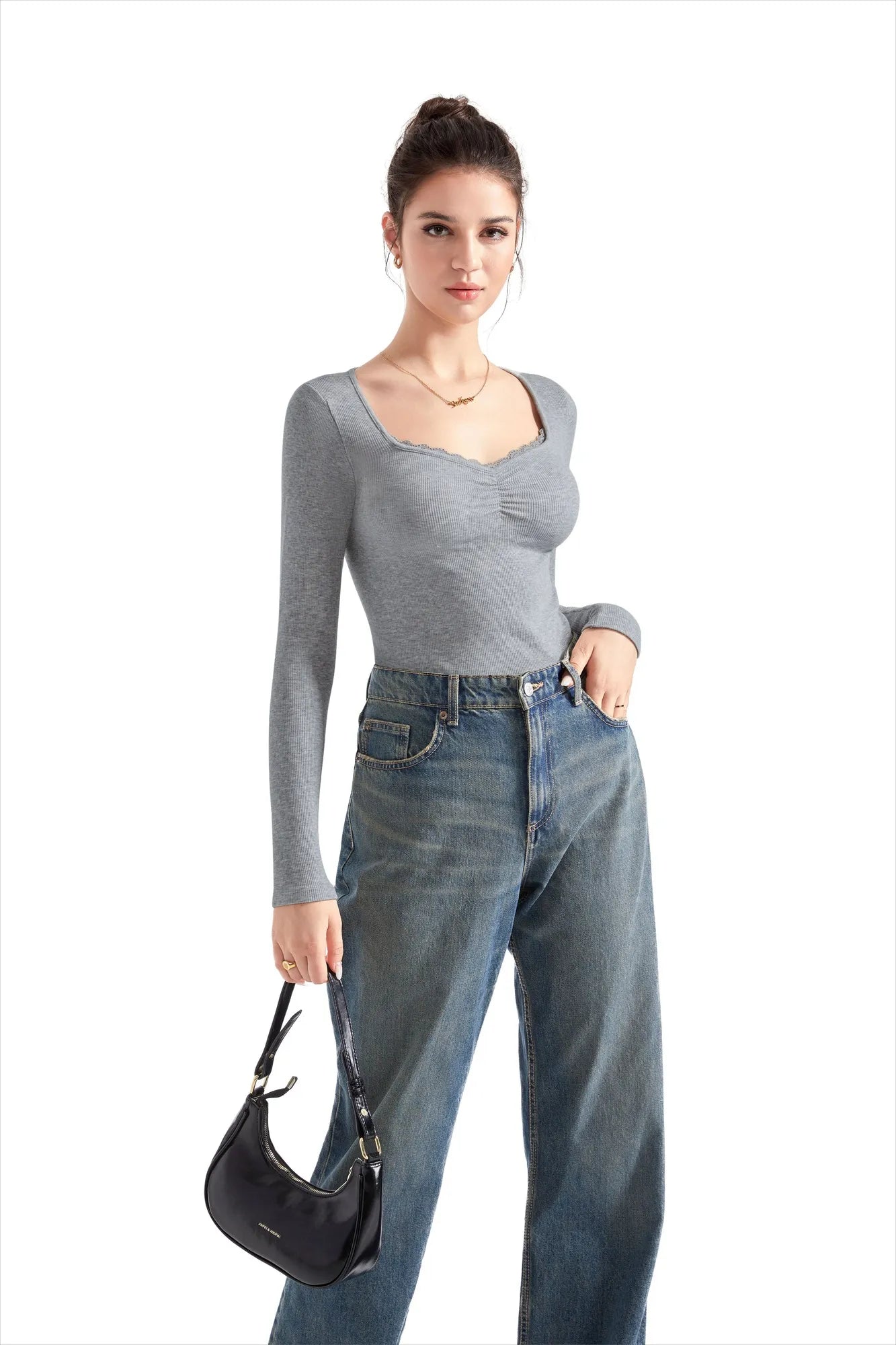 Ribbed Lace V Neck Shirt - Long Sleeve